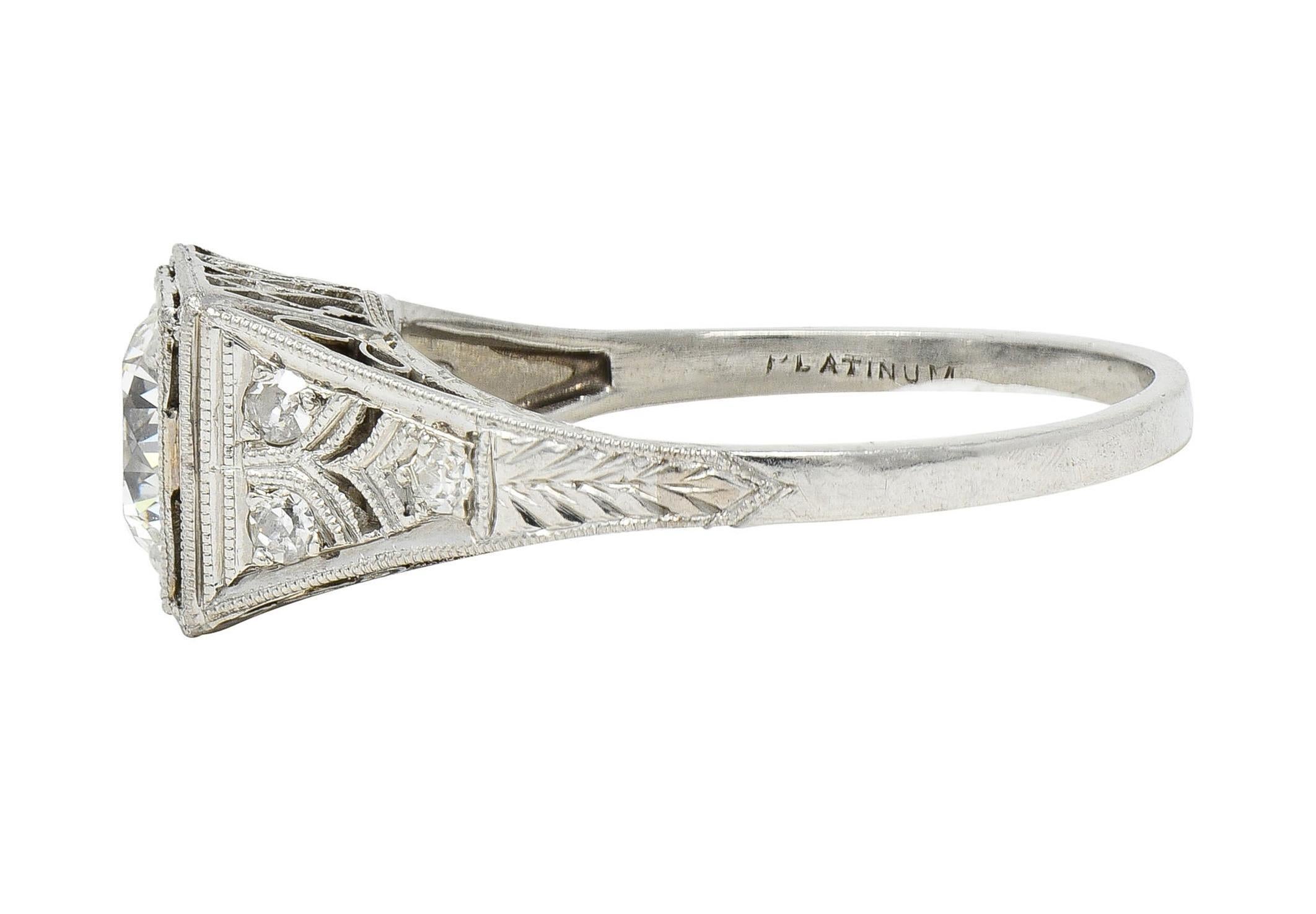 Art Deco 1.17 CTW European Cut Diamond Platinum Vintage Trellis Engagement Ring For Sale 1