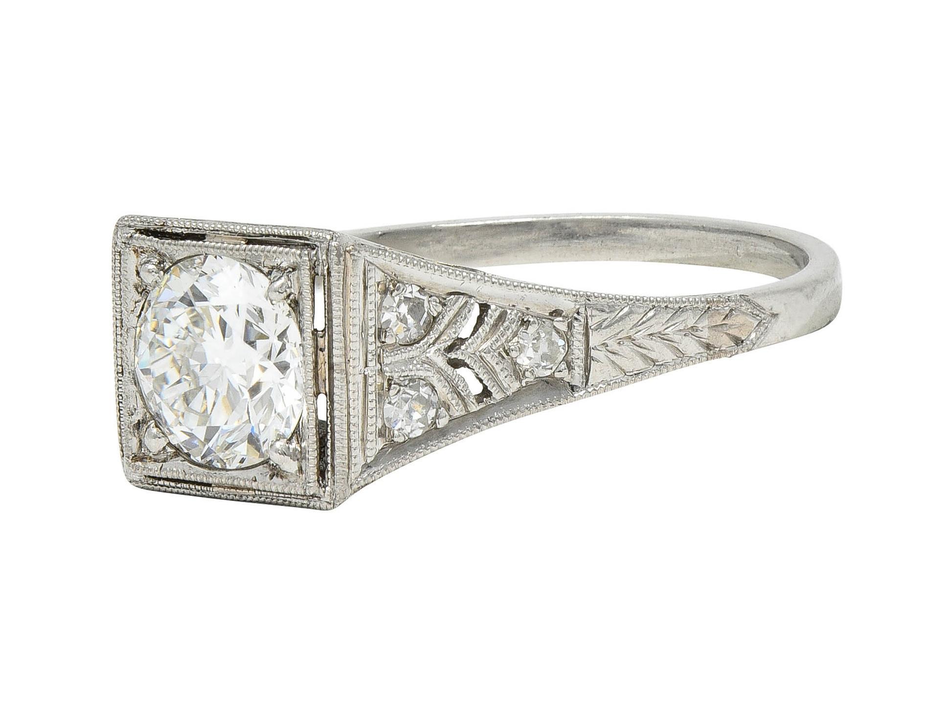 Art Deco 1.17 CTW European Cut Diamond Platinum Vintage Trellis Engagement Ring For Sale 2