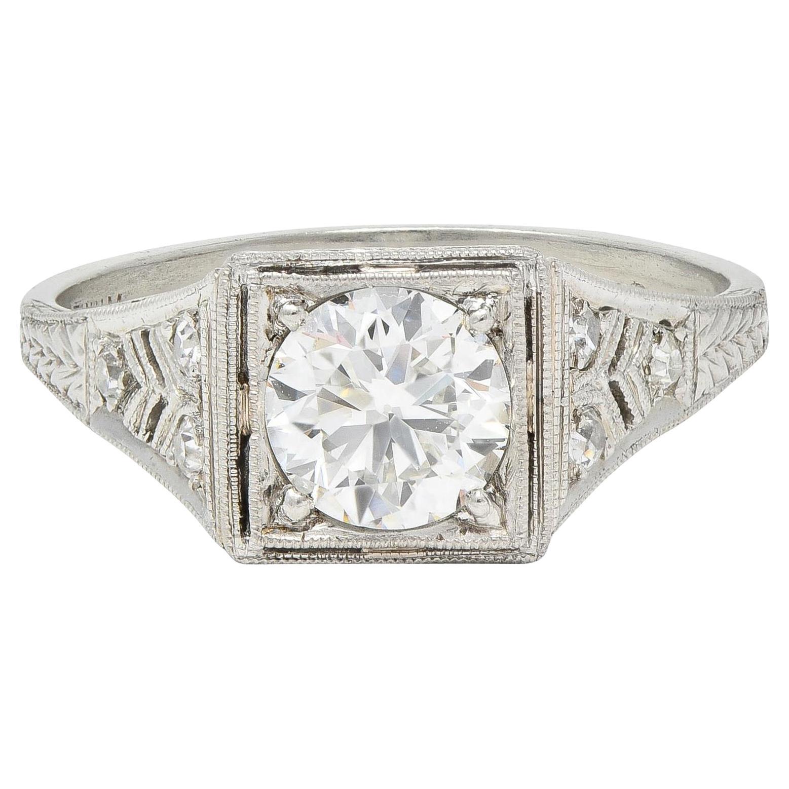 Art Deco 1.17 CTW European Cut Diamond Platinum Vintage Trellis Engagement Ring For Sale