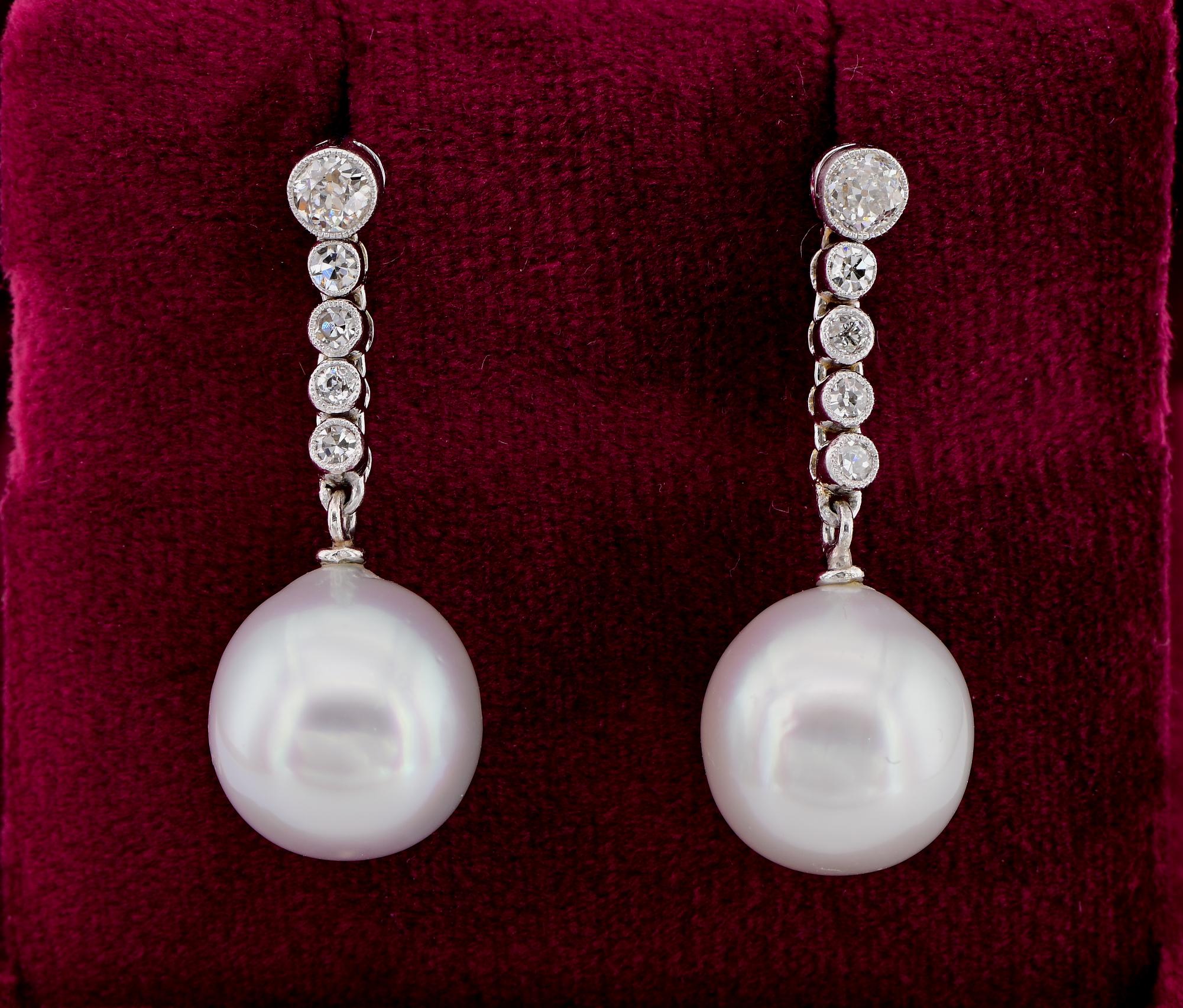 Art Deco Classy Mast Have
An exquisite pair of Art Deco period Diamond and salt water cultured Pearl drop earrings, 1930 ca.
Europe origin, possibly French
Simple yet effective design consisting in a line of Diamonds with suspended Pearls swinging