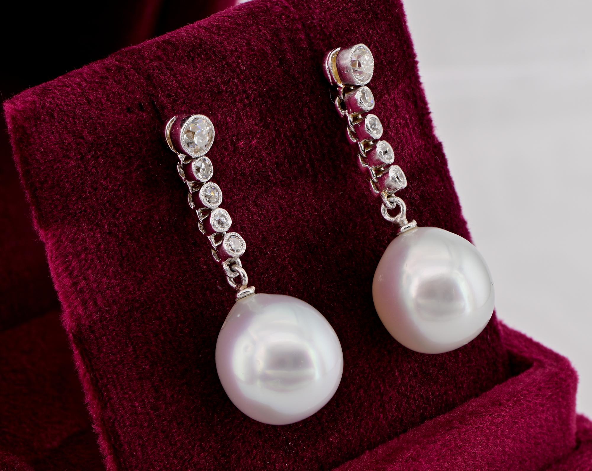 Art Deco 11.7 mm. Pearl Old cut Diamond Ear Drops In Good Condition For Sale In Napoli, IT