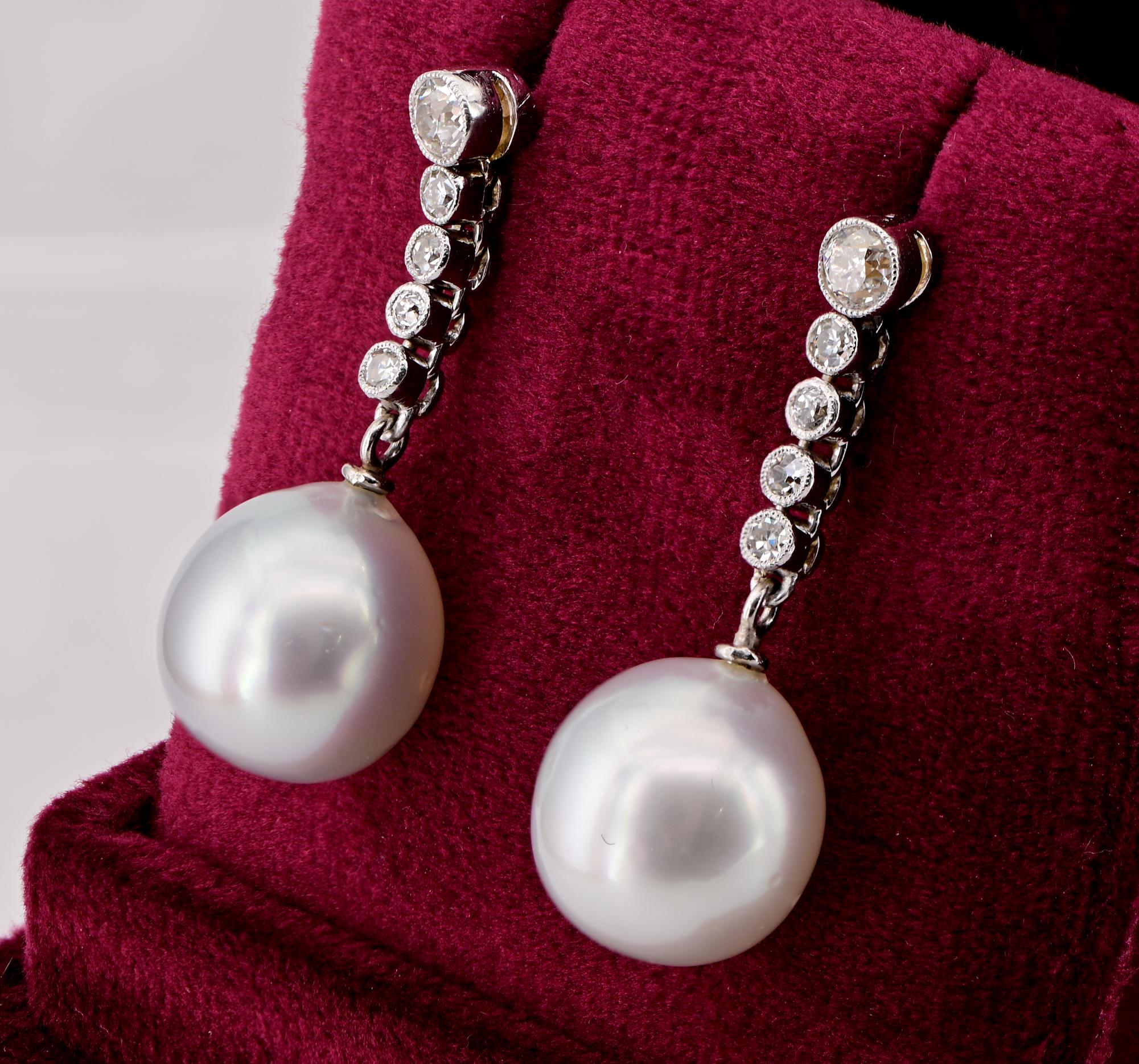 Art Deco 11.7 mm. Pearl Old cut Diamond Ear Drops For Sale 1