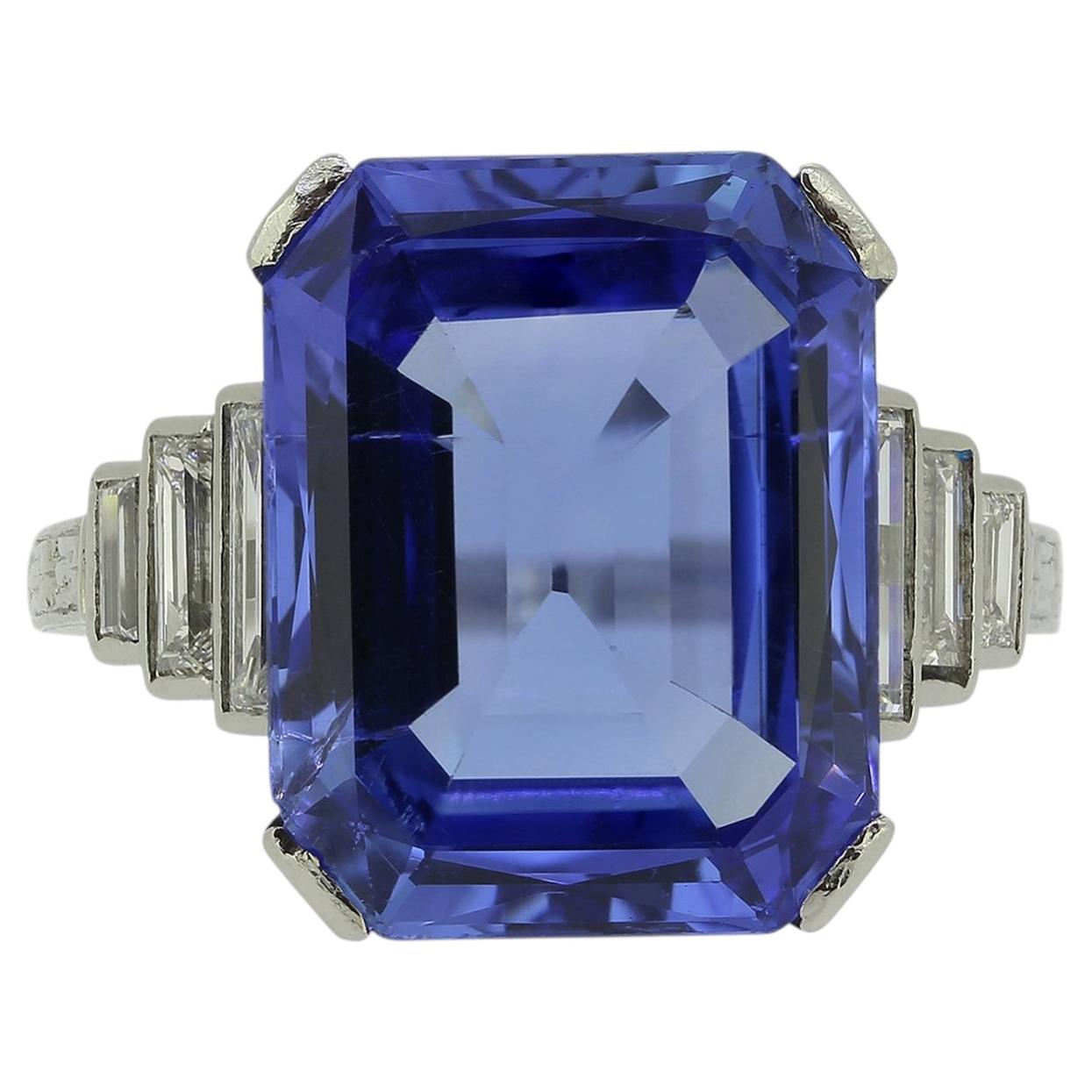 Art Deco 11.70 Carat Natural Ceylon Sapphire and Diamond Cocktail Ring