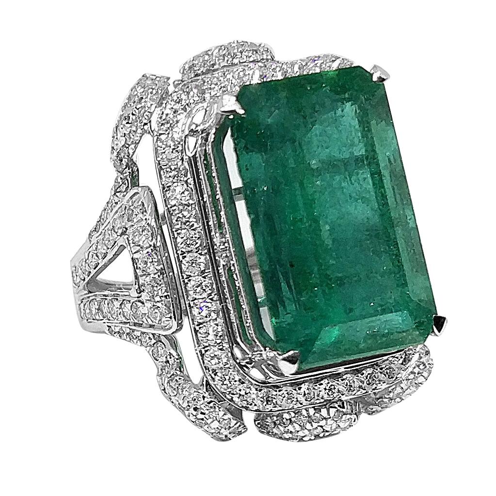 Art Deco 11.76 Carat Emerald 1.43 Carat Diamond Ring For Sale