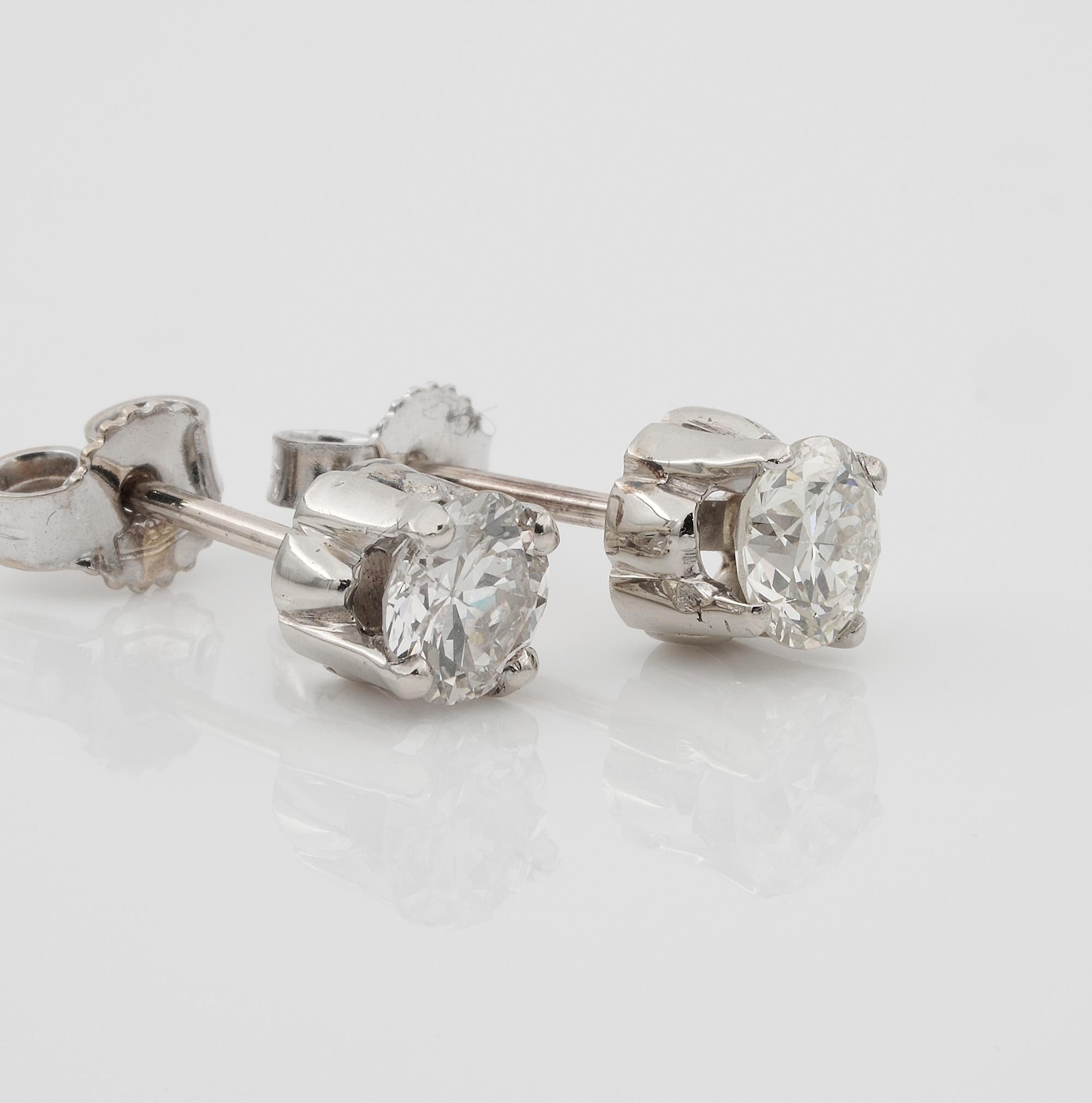 These lovely pair of late Art Deco Diamond studs are 1935 ca
They have four prongs hand crafted 18 KT mount
Diamonds are old European cut 1.18 Ct TCW – rated as H/I VS/SI – average 5.2 mm. – they have wonderful glowing sparkle and good average