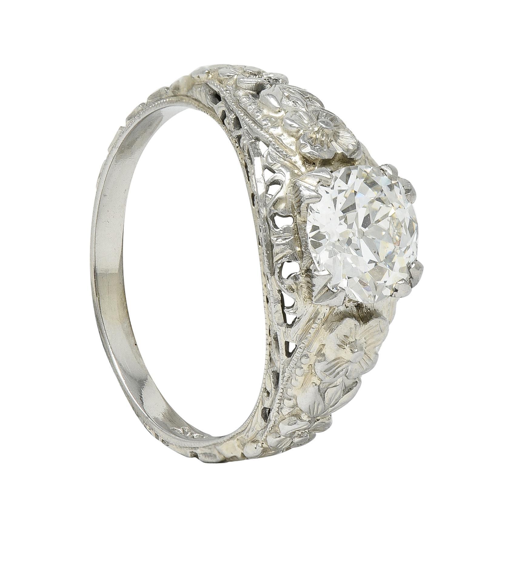 Art Deco 1.18 CTW Old European Diamond 18 Karat Gold Blossom Engagement Ring GIA 7