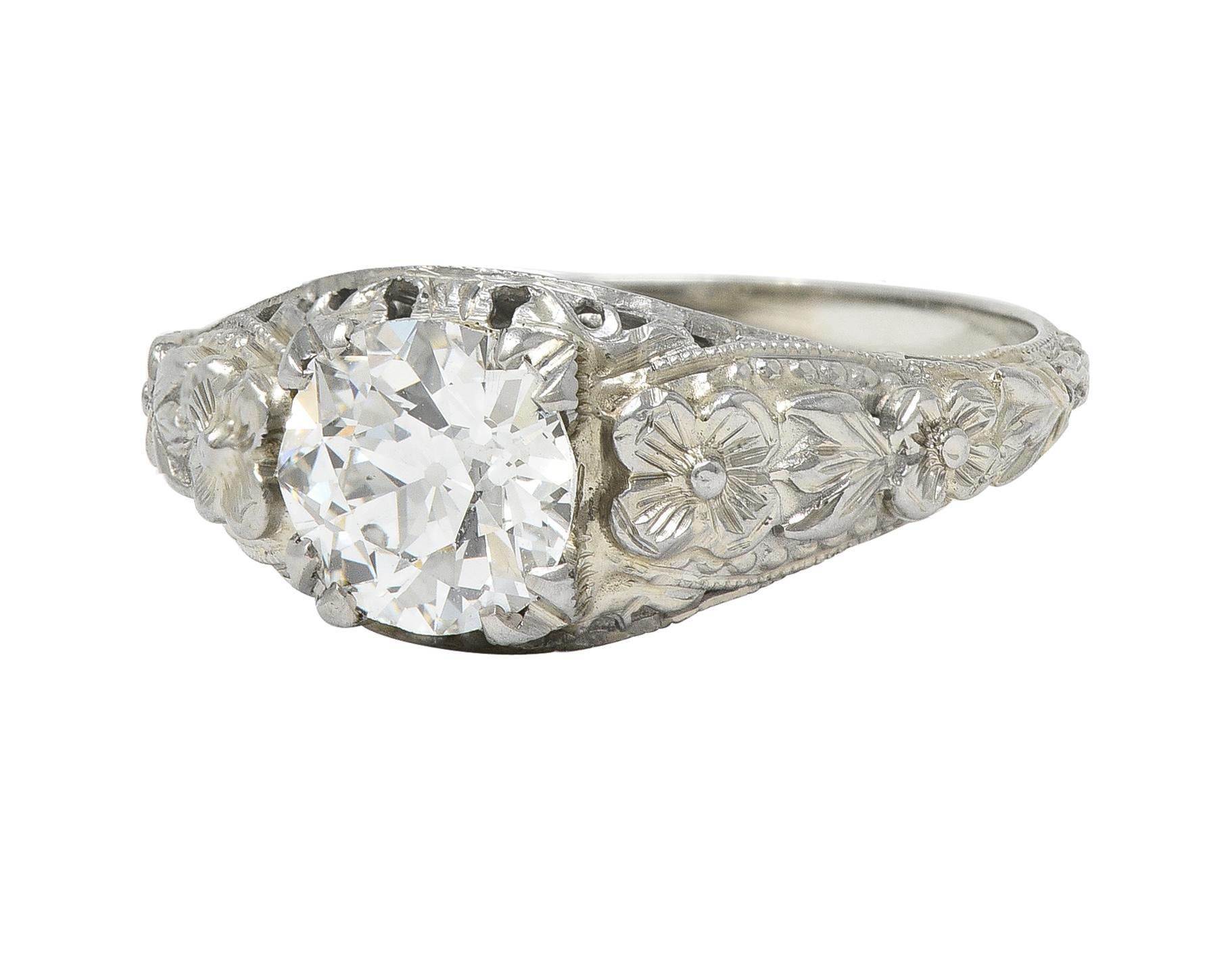 Art Deco 1.18 CTW Old European Diamond 18 Karat Gold Blossom Engagement Ring GIA 2