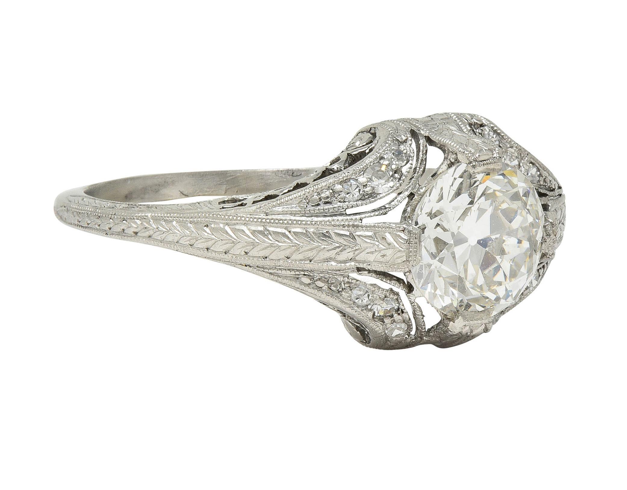 Taille vieille Europe Bague de fiançailles Art déco ancienne en platine avec diamant européen ancien de 1,18 carat en vente