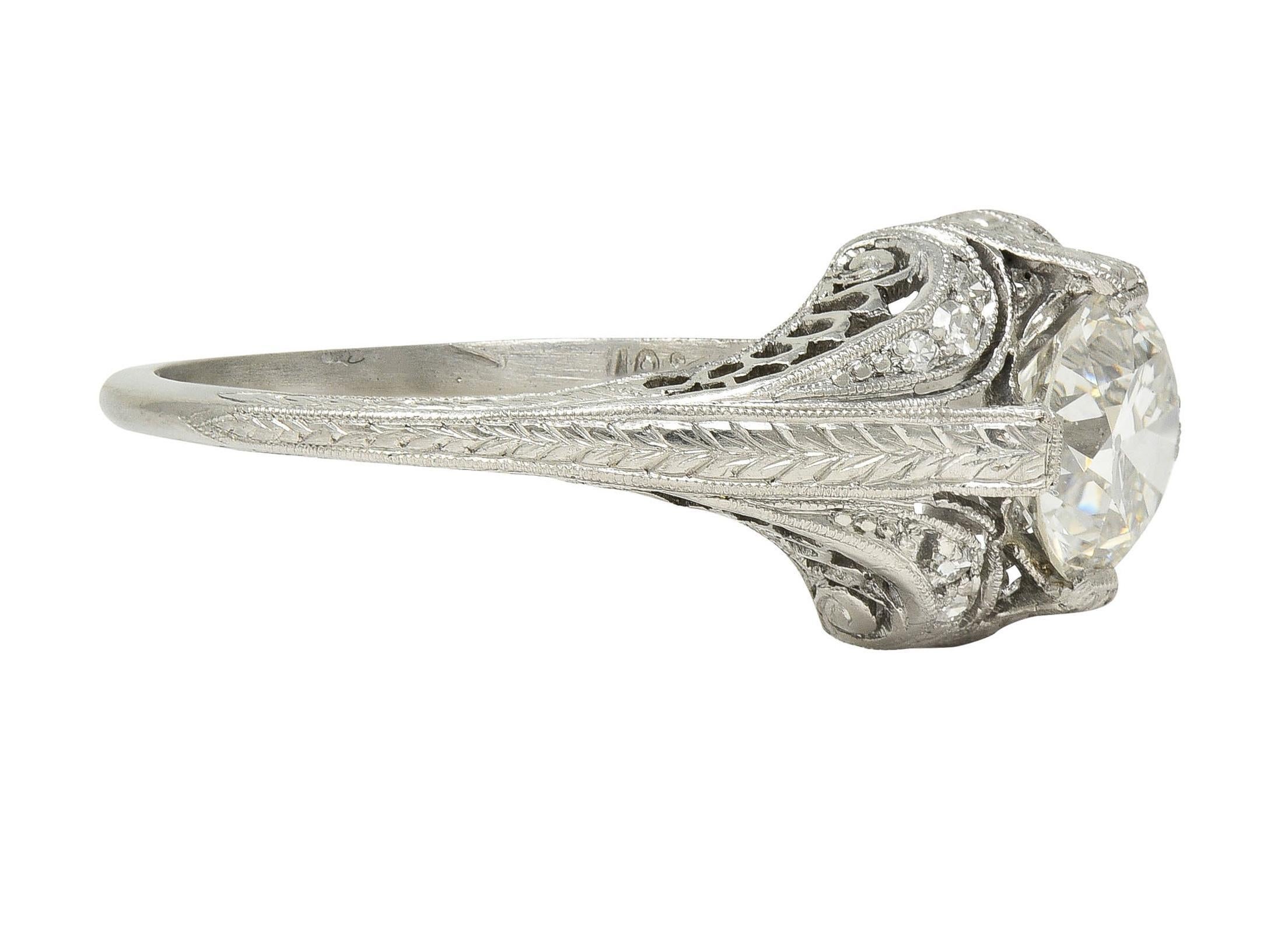 Bague de fiançailles Art déco ancienne en platine avec diamant européen ancien de 1,18 carat Excellent état - En vente à Philadelphia, PA