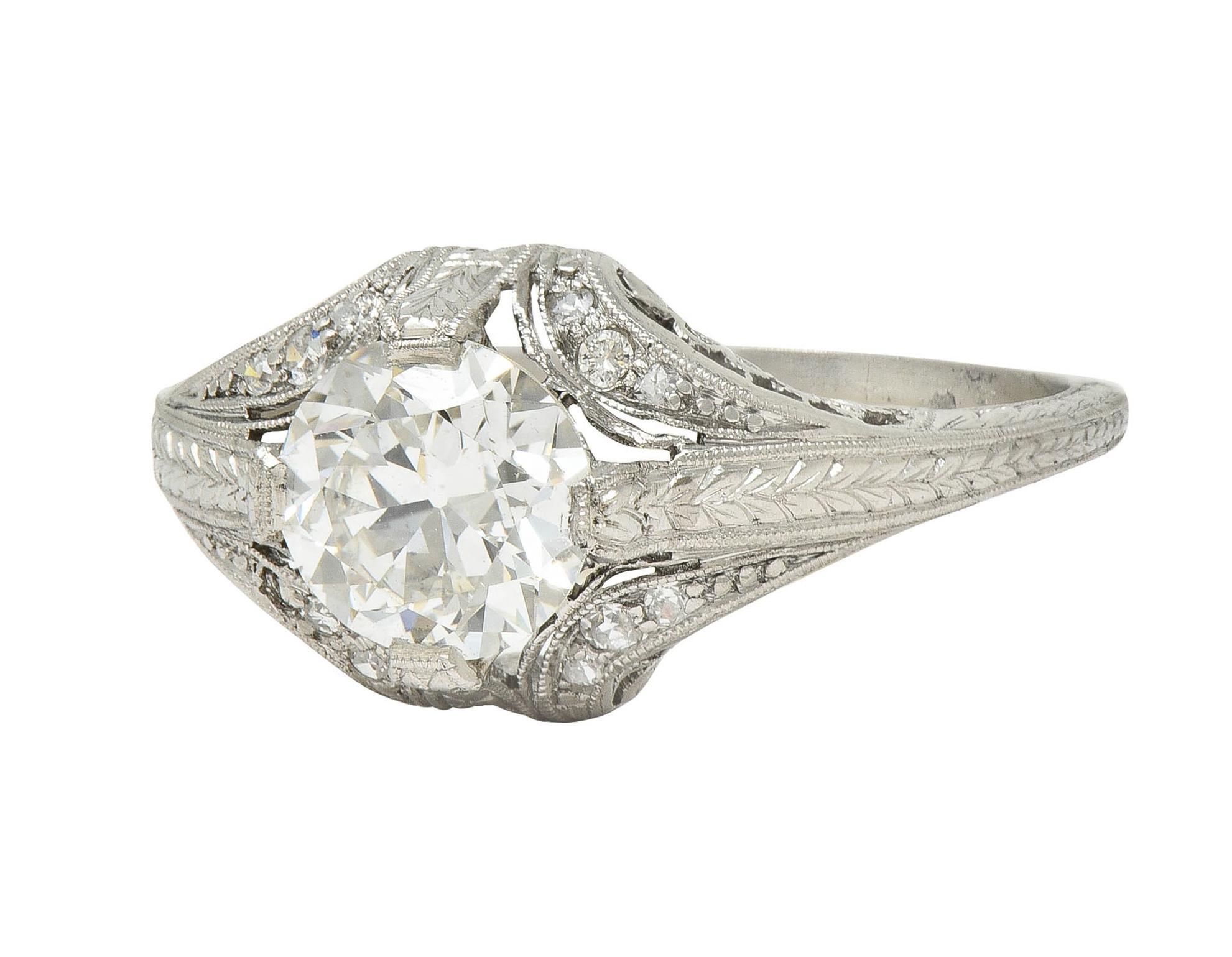 Bague de fiançailles Art déco ancienne en platine avec diamant européen ancien de 1,18 carat en vente 1