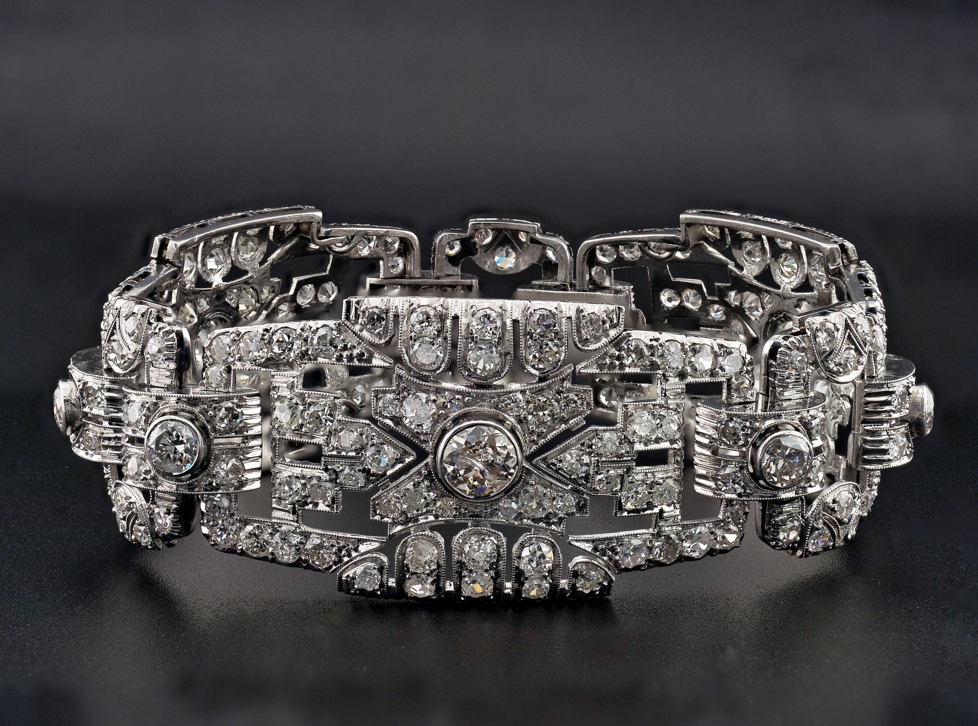 In the History of the 20’s
This striking and impressive Art Deco bracelet steps back to the 20’s
Epitome of eternal elegance, great in design to be a one off piece for ever and ever
Hand fabricated of solid Platinum this Art Deco dazzler is composed
