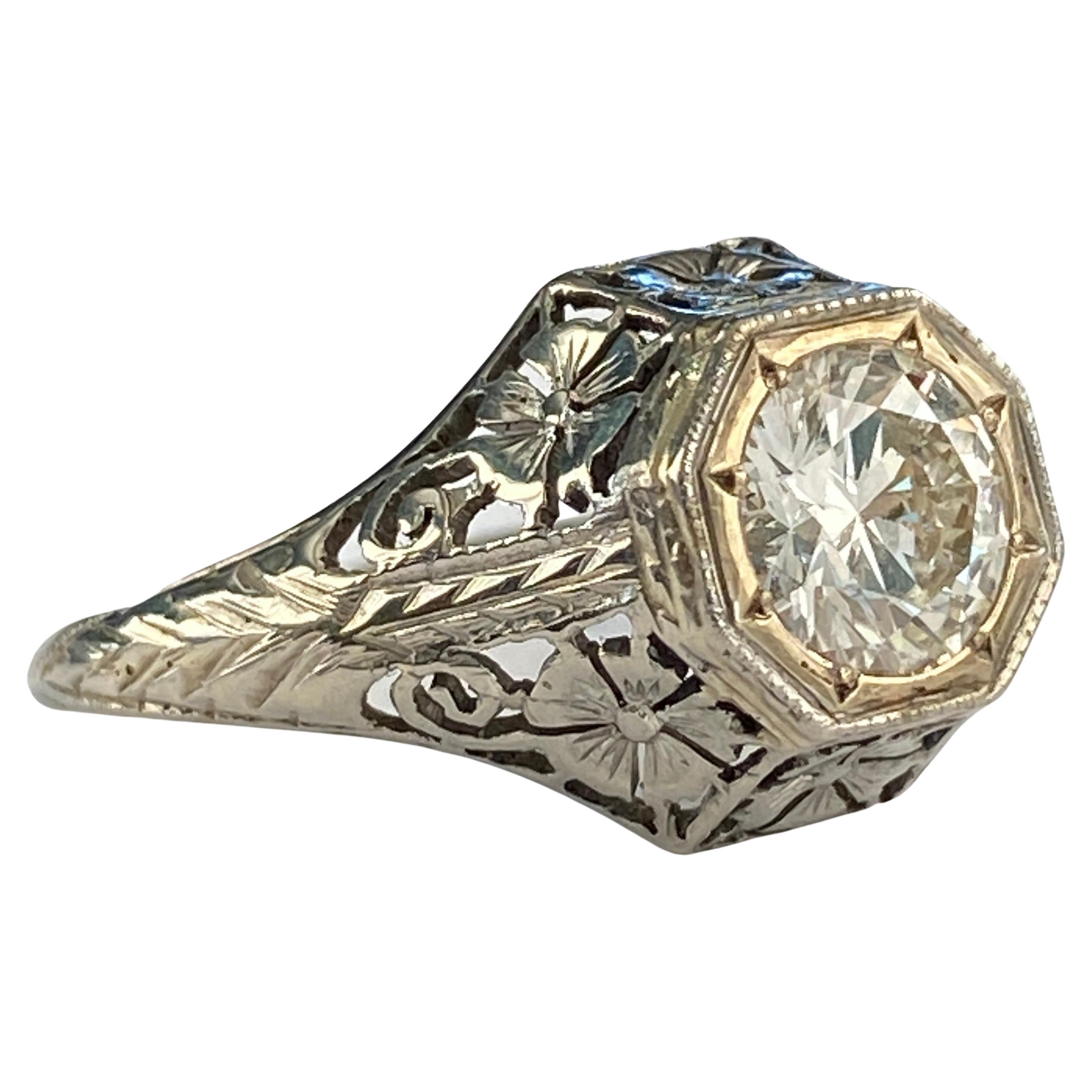 Art Deco 1.18ct Diamond 18K White Gold Ring For Sale 7