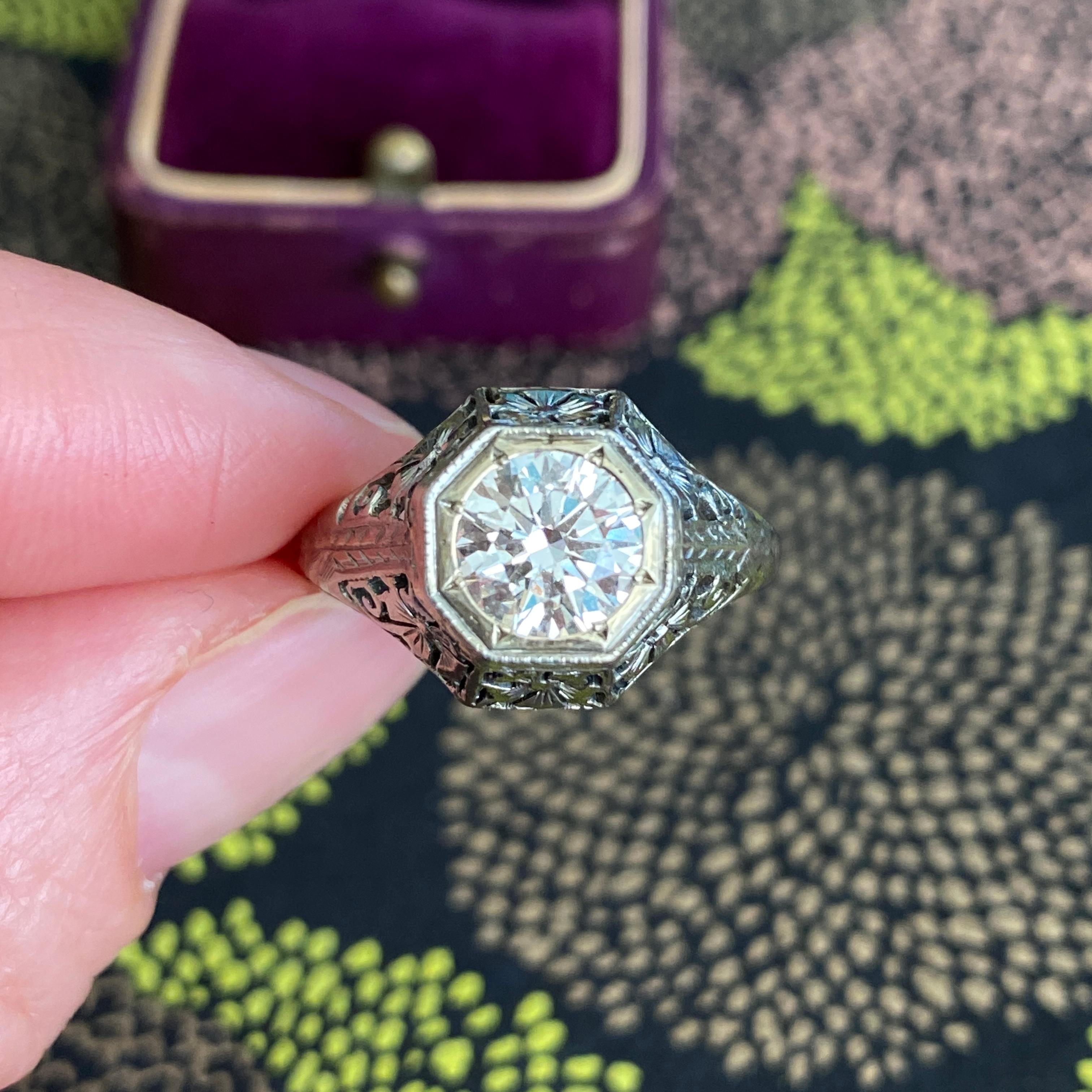 Art Deco 1.18ct Diamond 18K White Gold Ring For Sale 8