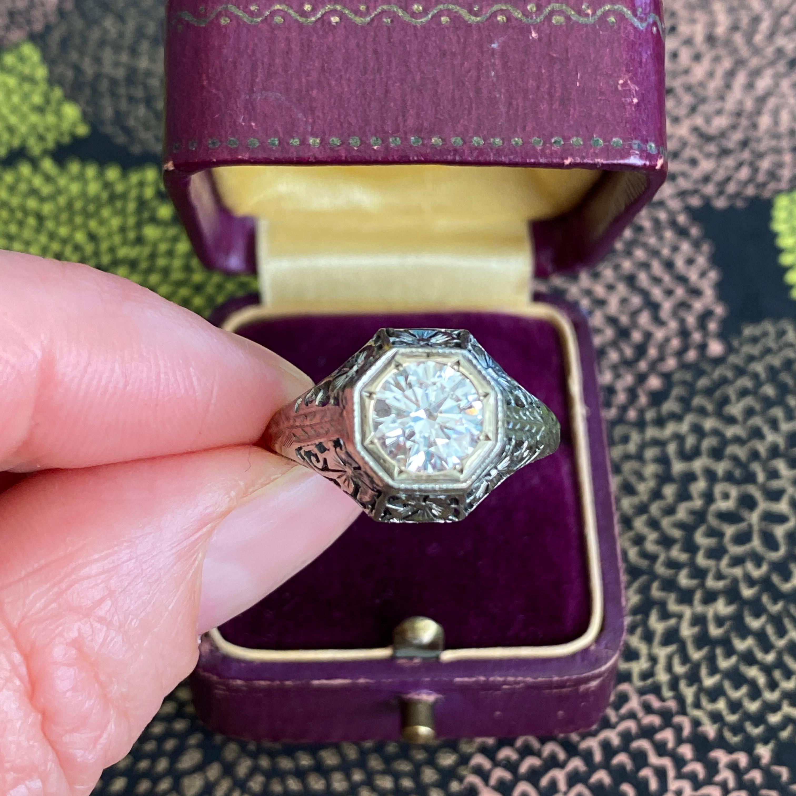Art Deco 1.18ct Diamond 18K White Gold Ring For Sale 9