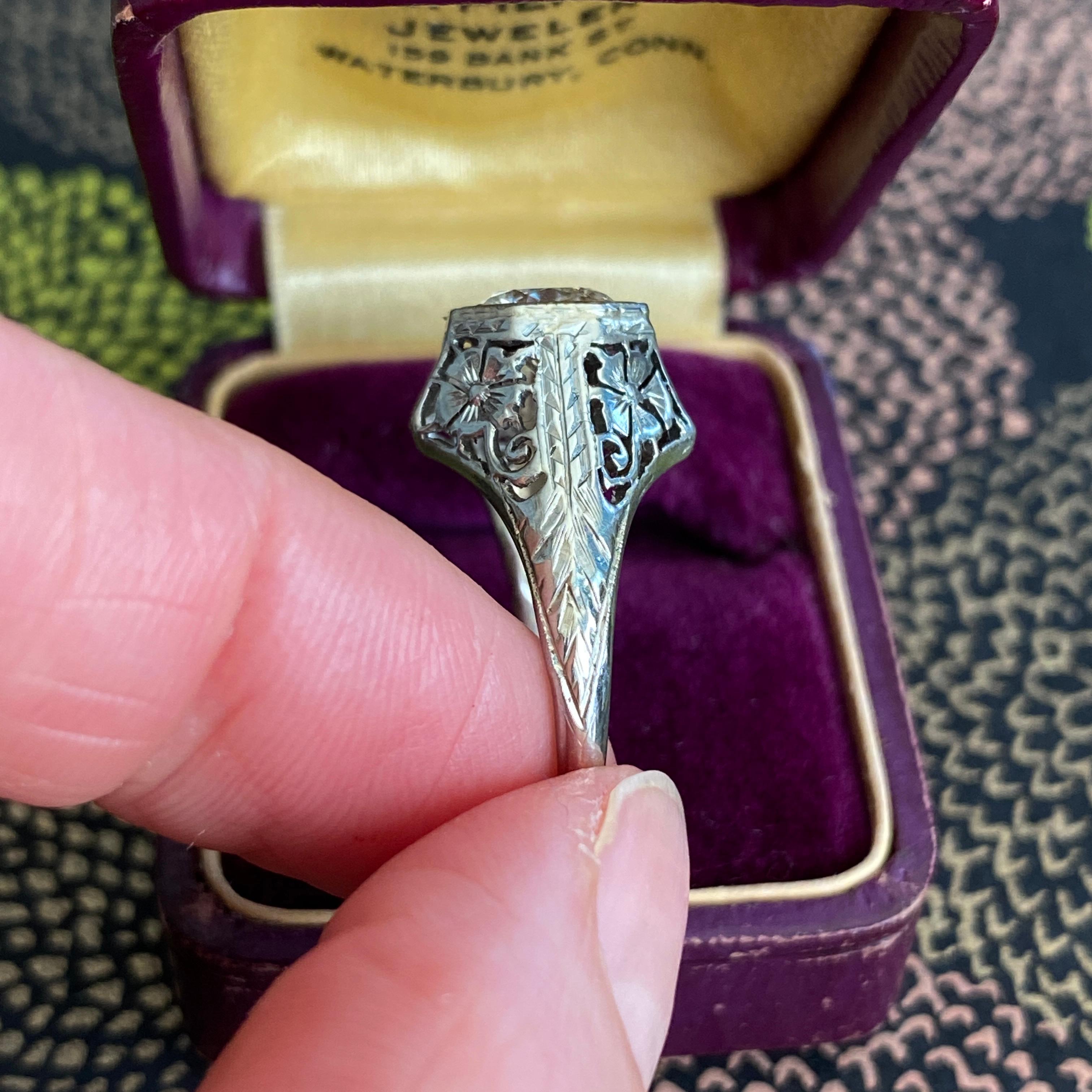 Art Deco 1.18ct Diamond 18K White Gold Ring For Sale 11