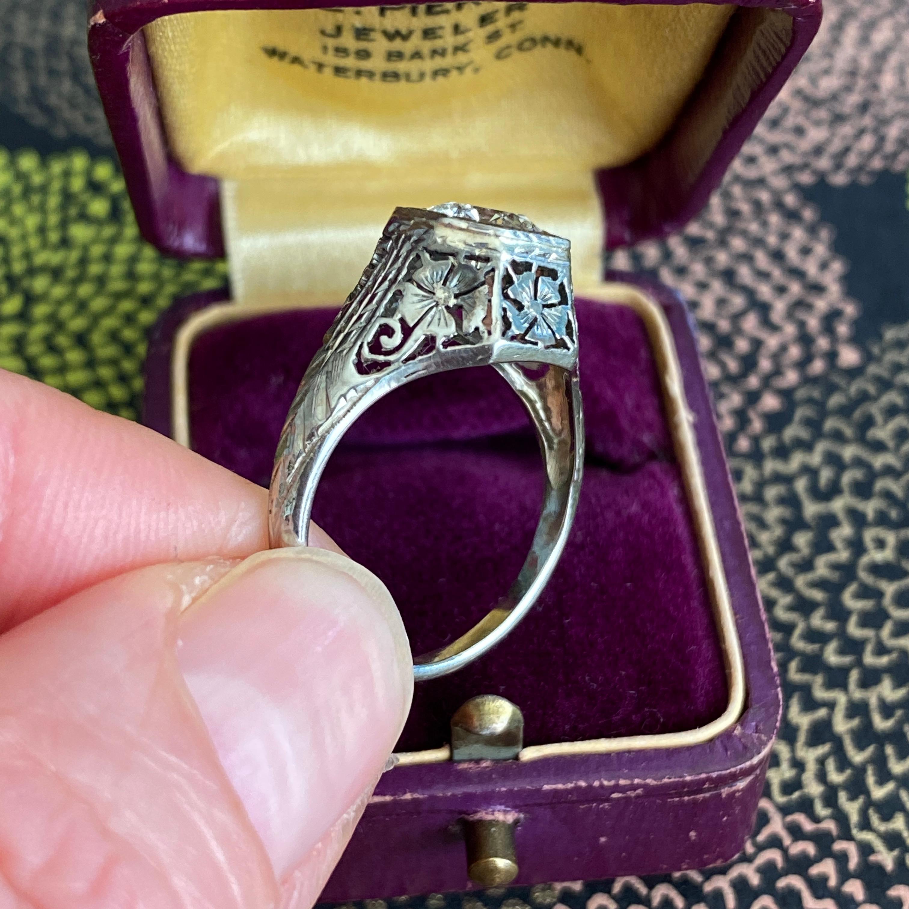 Art Deco 1.18ct Diamond 18K White Gold Ring For Sale 12