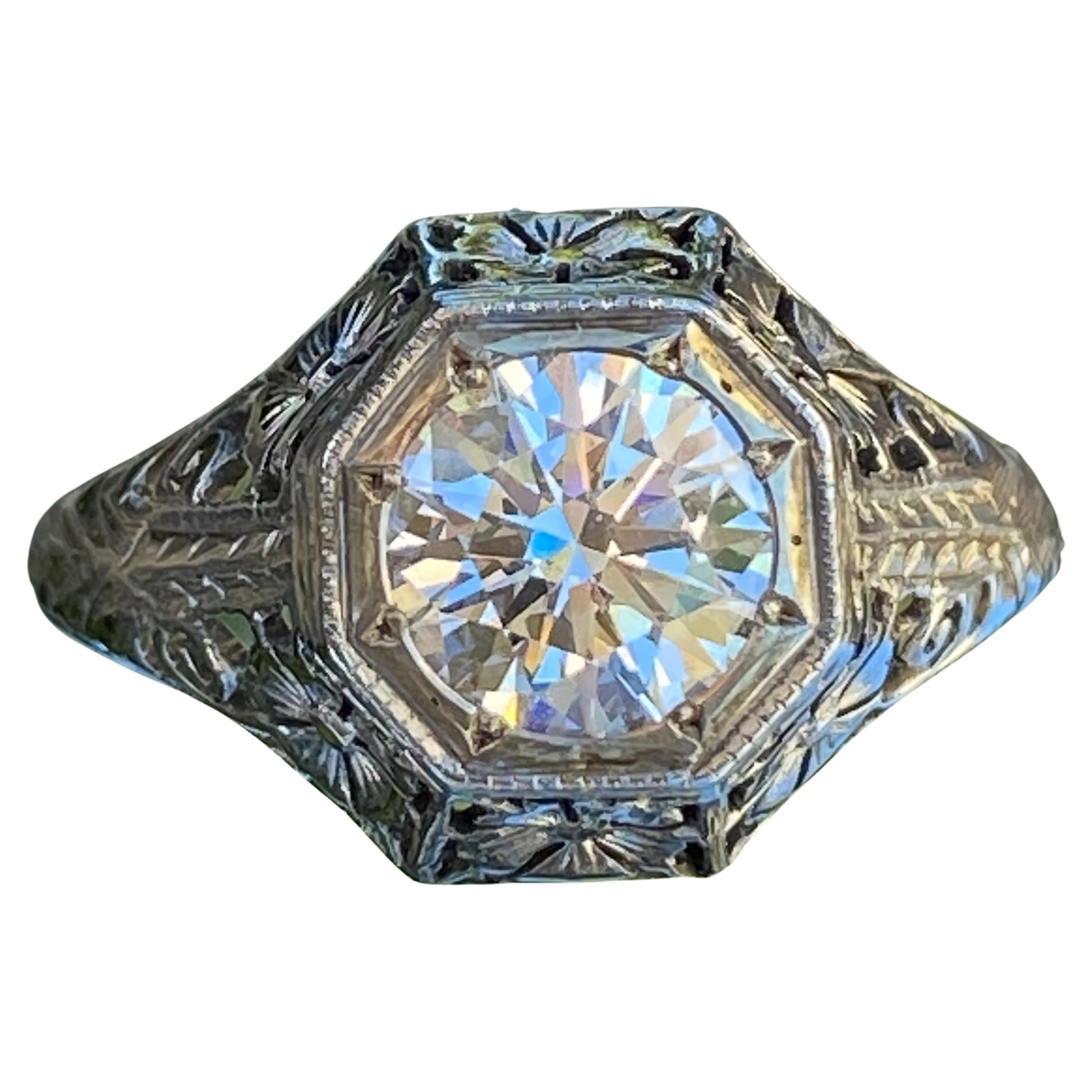 Art Deco 1.18ct Diamond 18K White Gold Ring