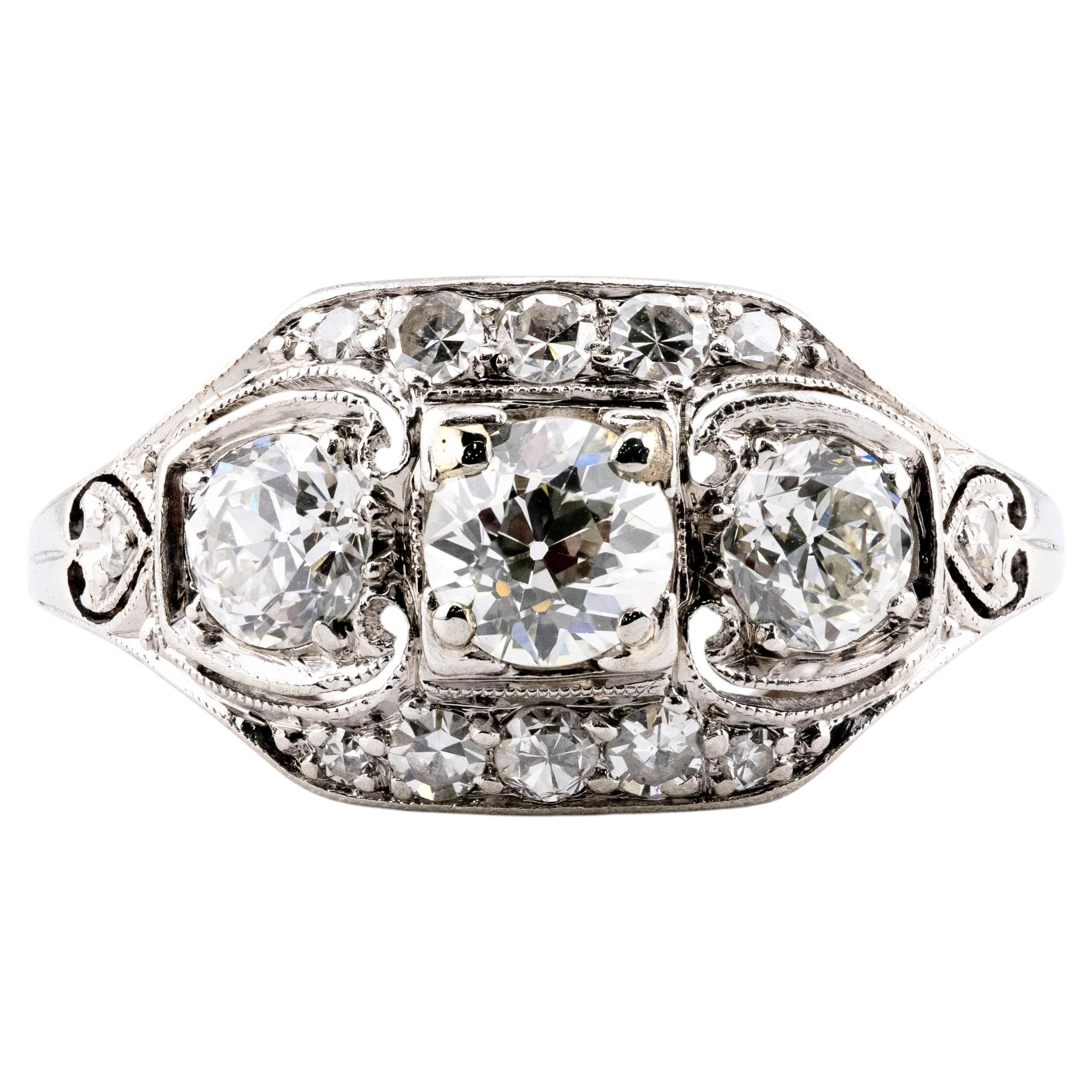 Art Deco 1.18CTW Diamond Three Stone Vintage Engagement Ring in Platinum