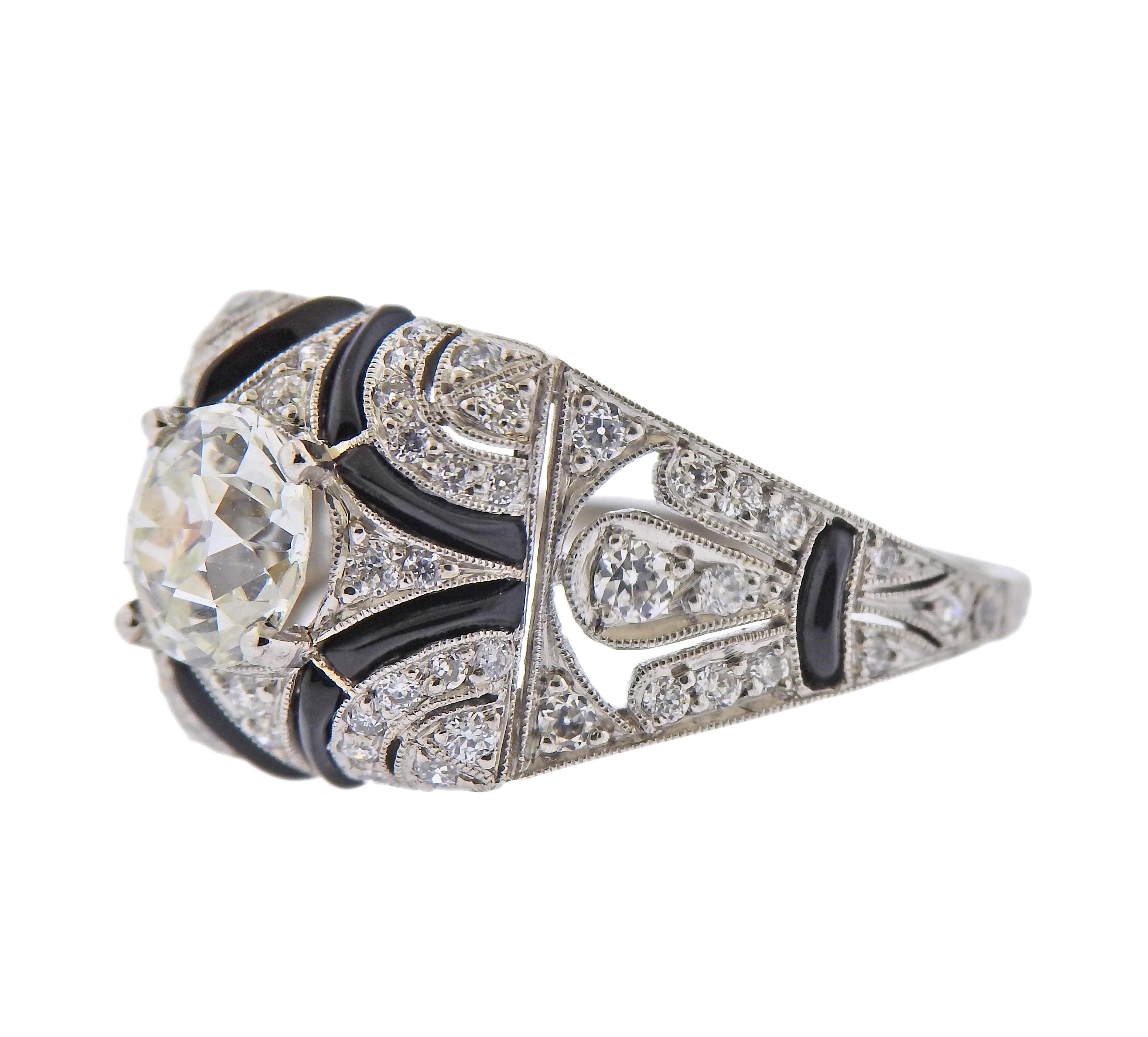 Art Deco platinum ring, with center 1.19ct J-K/VS1 old European diamond in the center, set with approx. 0.30cts in side diamonds and onyx. Ring size - 6.5, ring top - 12mm wide. Weight - 5.2 grams. 