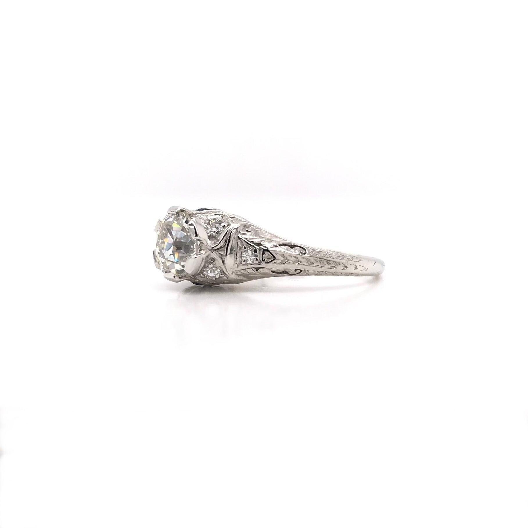 Women's Art Deco 1.19 Carat Old Mine Cut Diamond Ring For Sale
