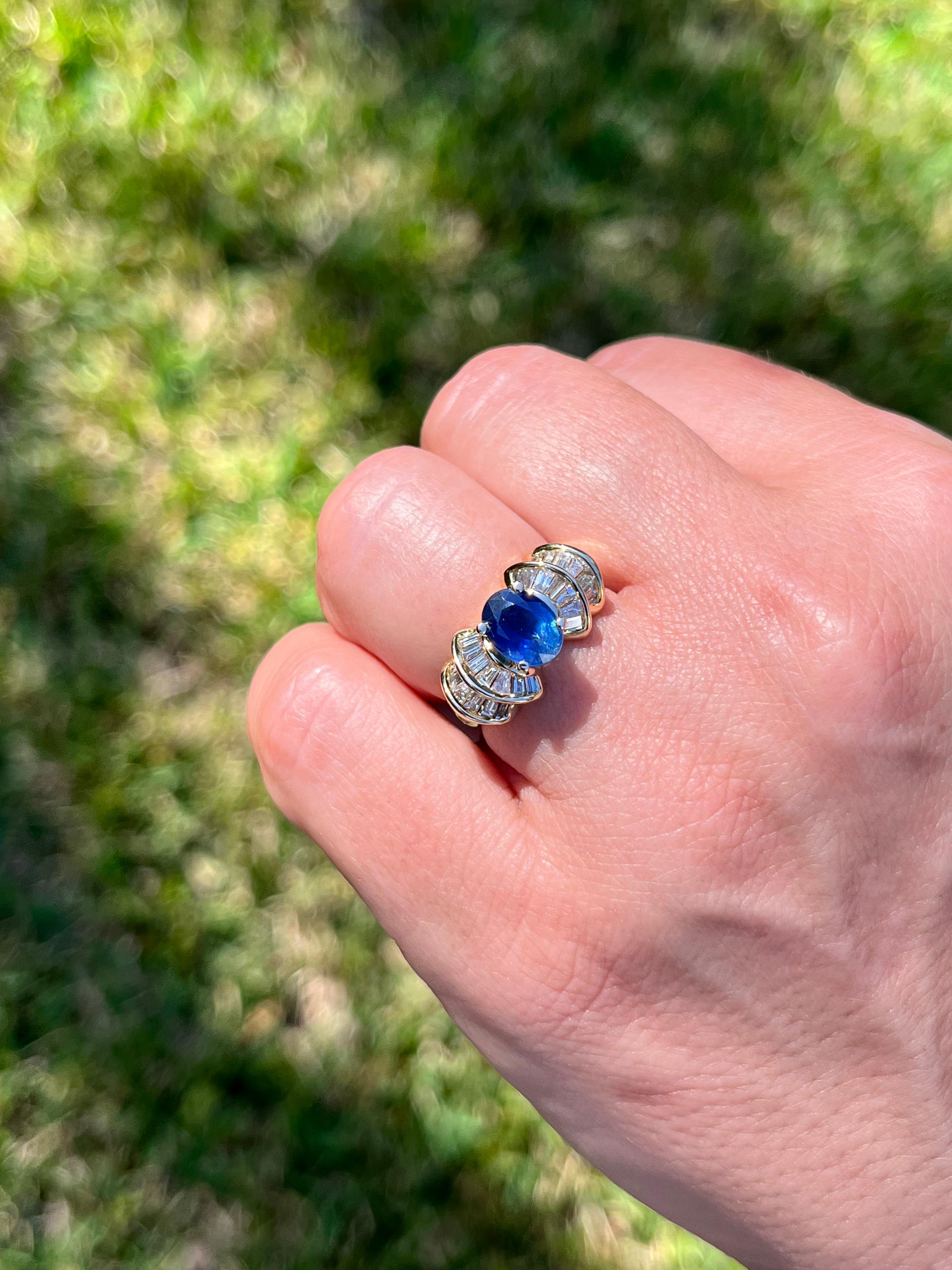 Oval Cut Art Deco 1.19 Carat Oval Blue Sapphire with Baguette Cut Diamonds in 14k Ring For Sale
