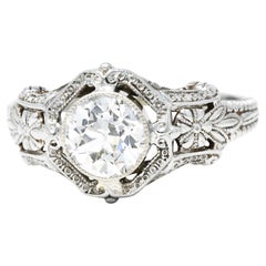 Art Deco 1.19 Carats Diamond 18 Karat White Gold Floral Engagement Ring GIA
