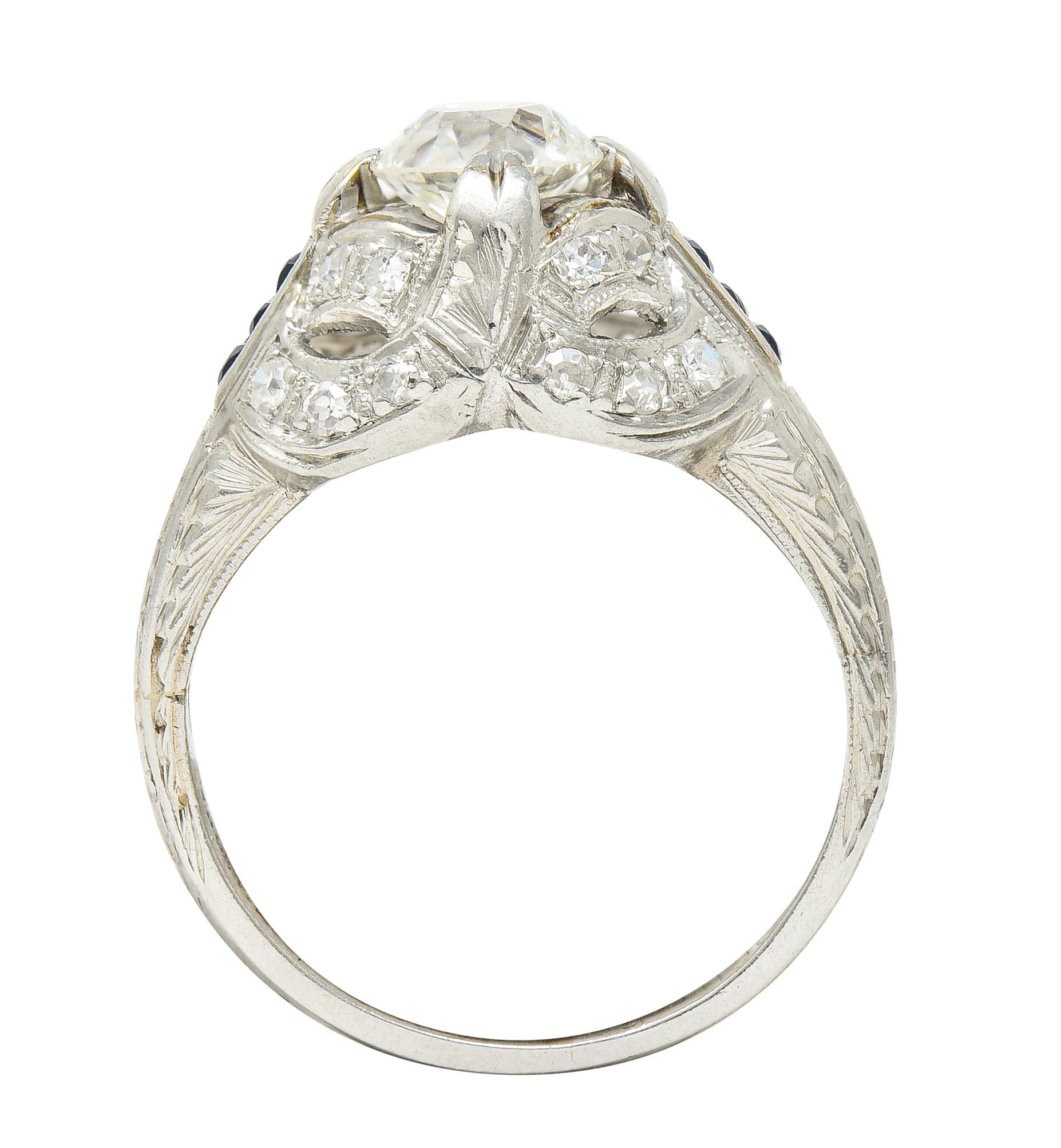 Art Deco 1.19 Carats Old European Diamond Sapphire Platinum Ribbon Antique Ring For Sale 5