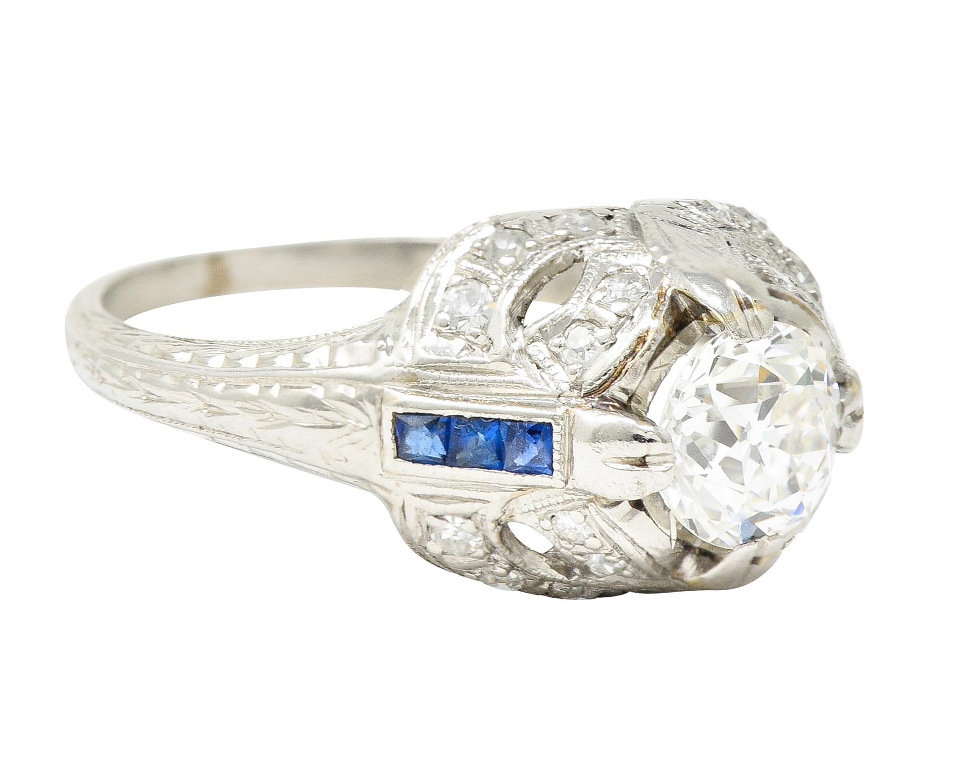 Old European Cut Art Deco 1.19 Carats Old European Diamond Sapphire Platinum Ribbon Antique Ring For Sale