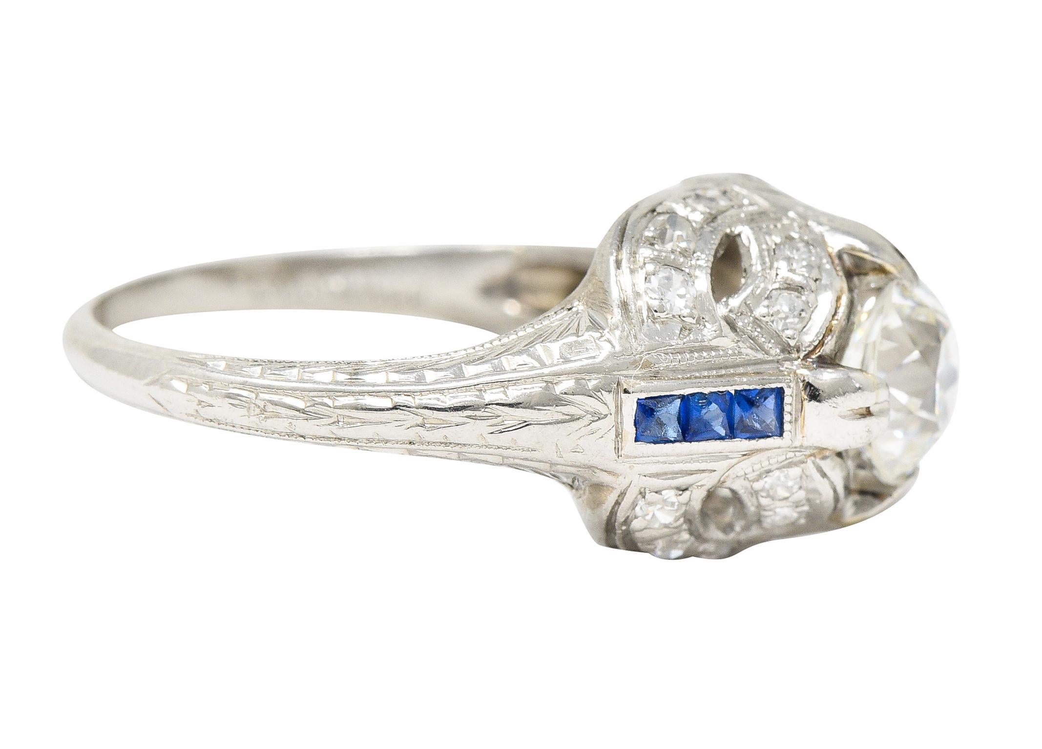 Art Deco 1.19 Carats Old European Diamond Sapphire Platinum Ribbon Antique Ring In Excellent Condition For Sale In Philadelphia, PA