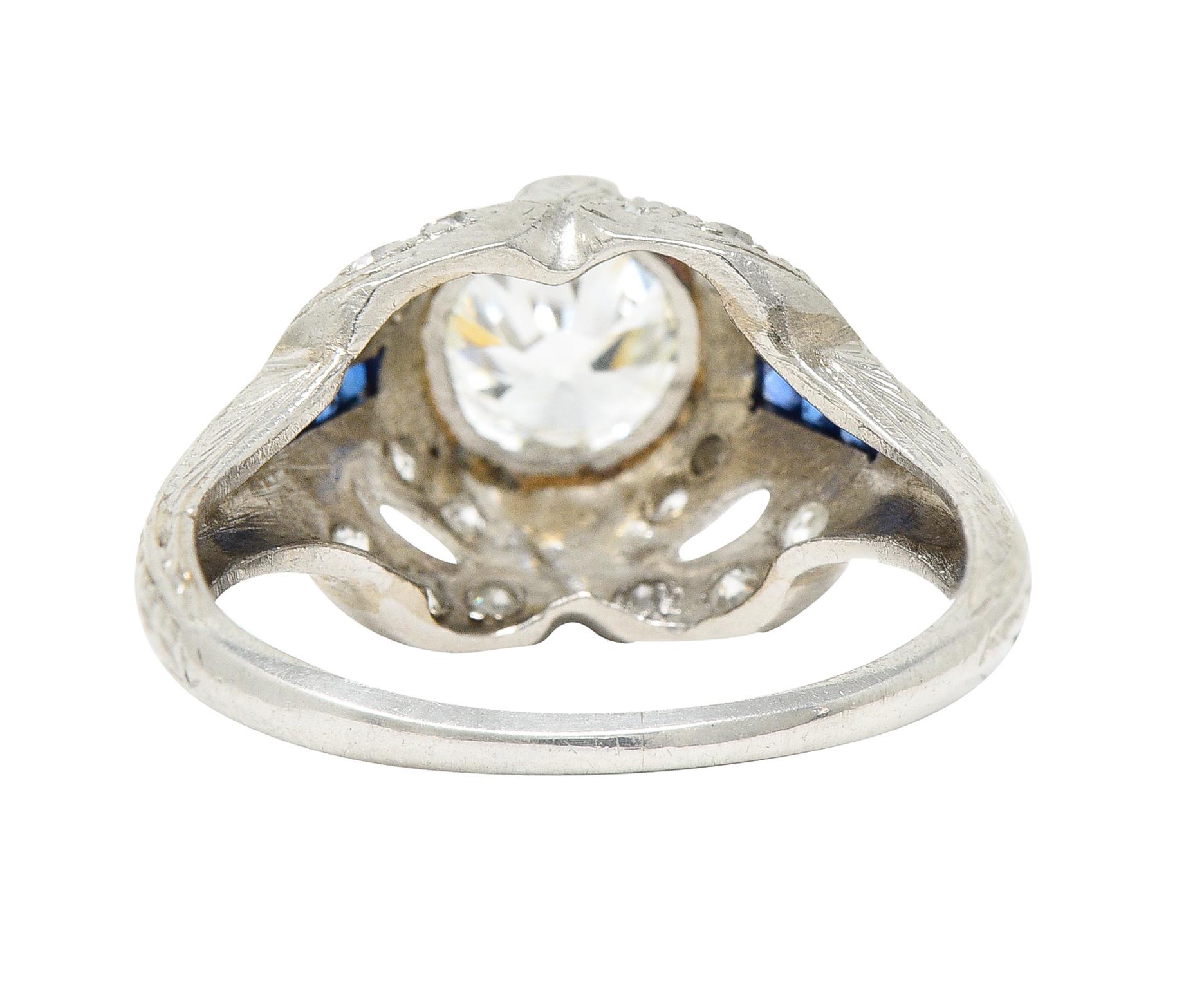 Women's or Men's Art Deco 1.19 Carats Old European Diamond Sapphire Platinum Ribbon Antique Ring For Sale