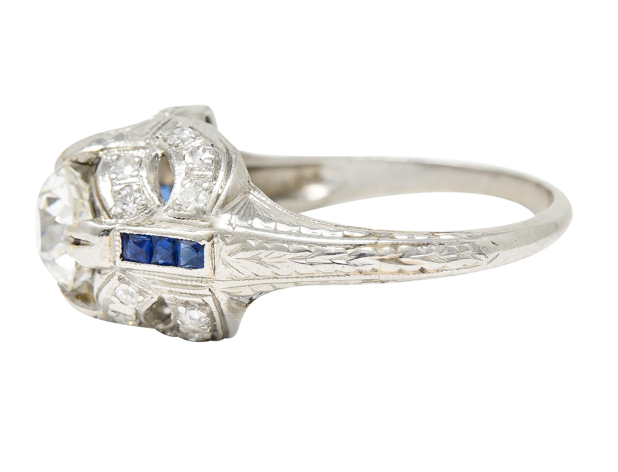 Art Deco 1.19 Carats Old European Diamond Sapphire Platinum Ribbon Antique Ring For Sale 1