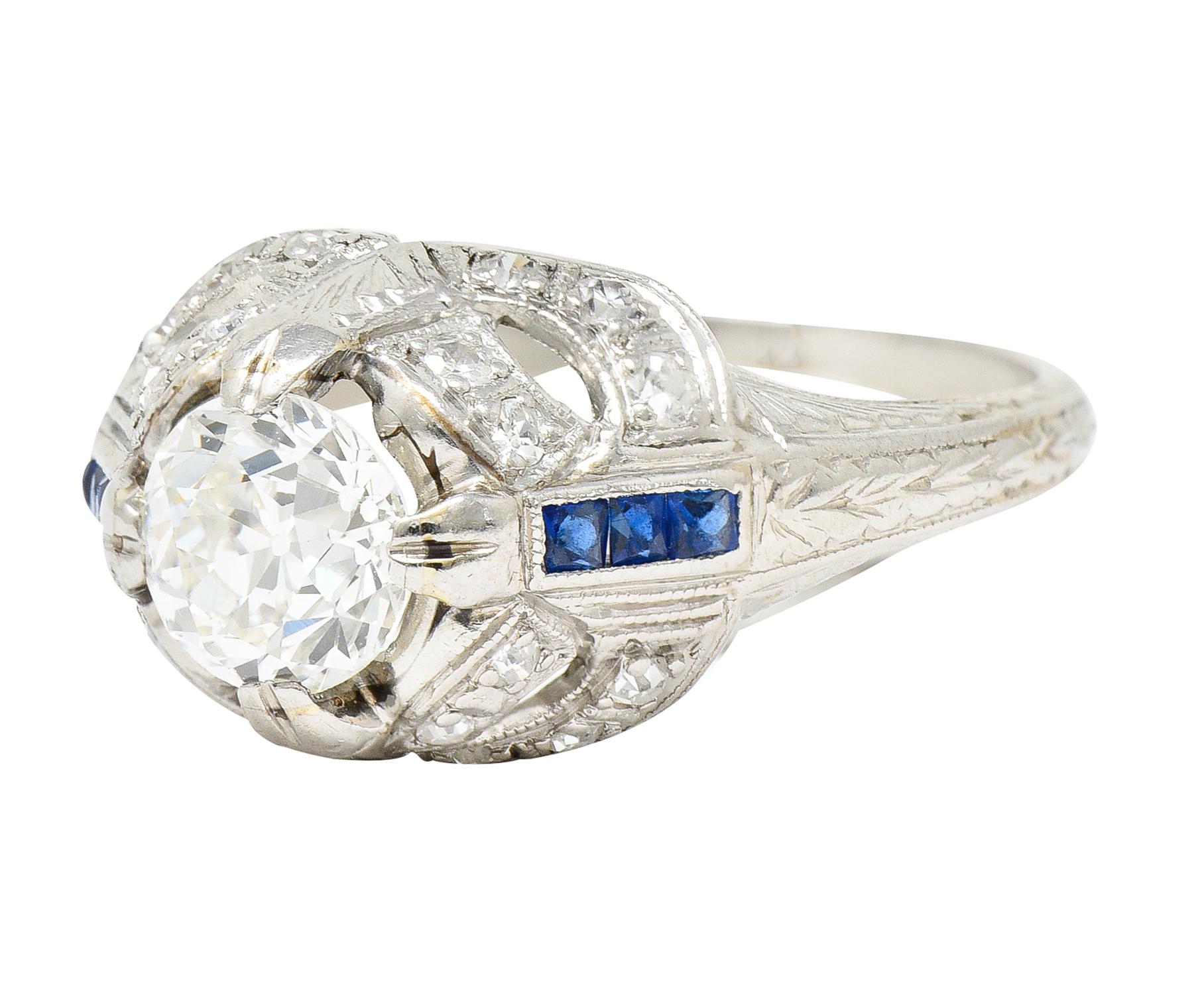 Art Deco 1.19 Carats Old European Diamond Sapphire Platinum Ribbon Antique Ring For Sale 2