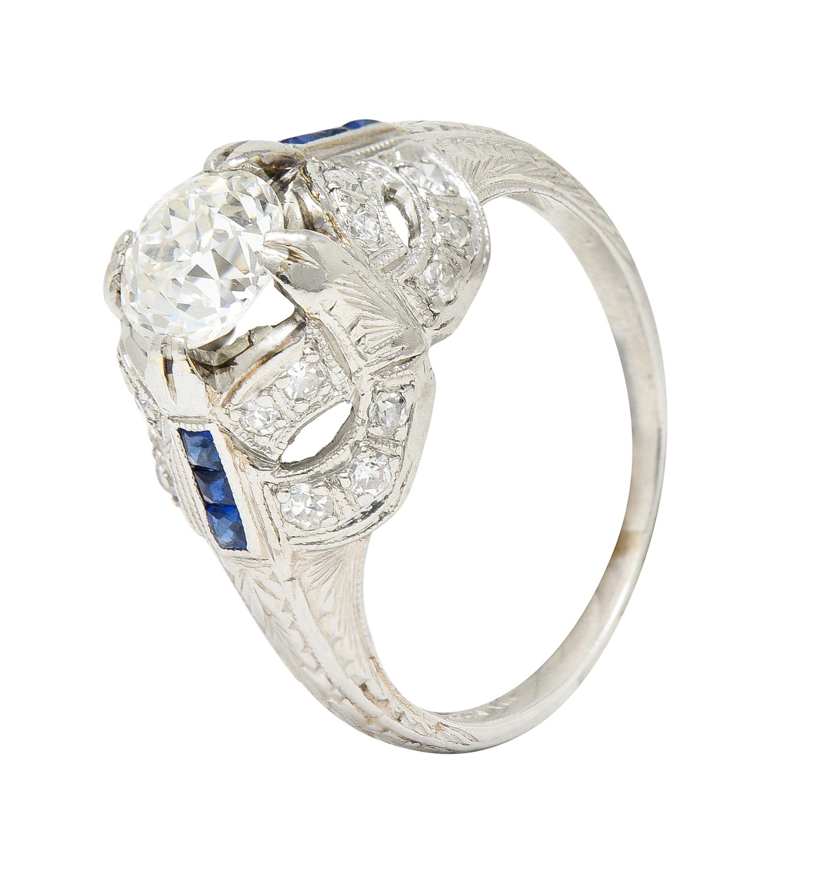 Art Deco 1.19 Carats Old European Diamond Sapphire Platinum Ribbon Antique Ring For Sale 3