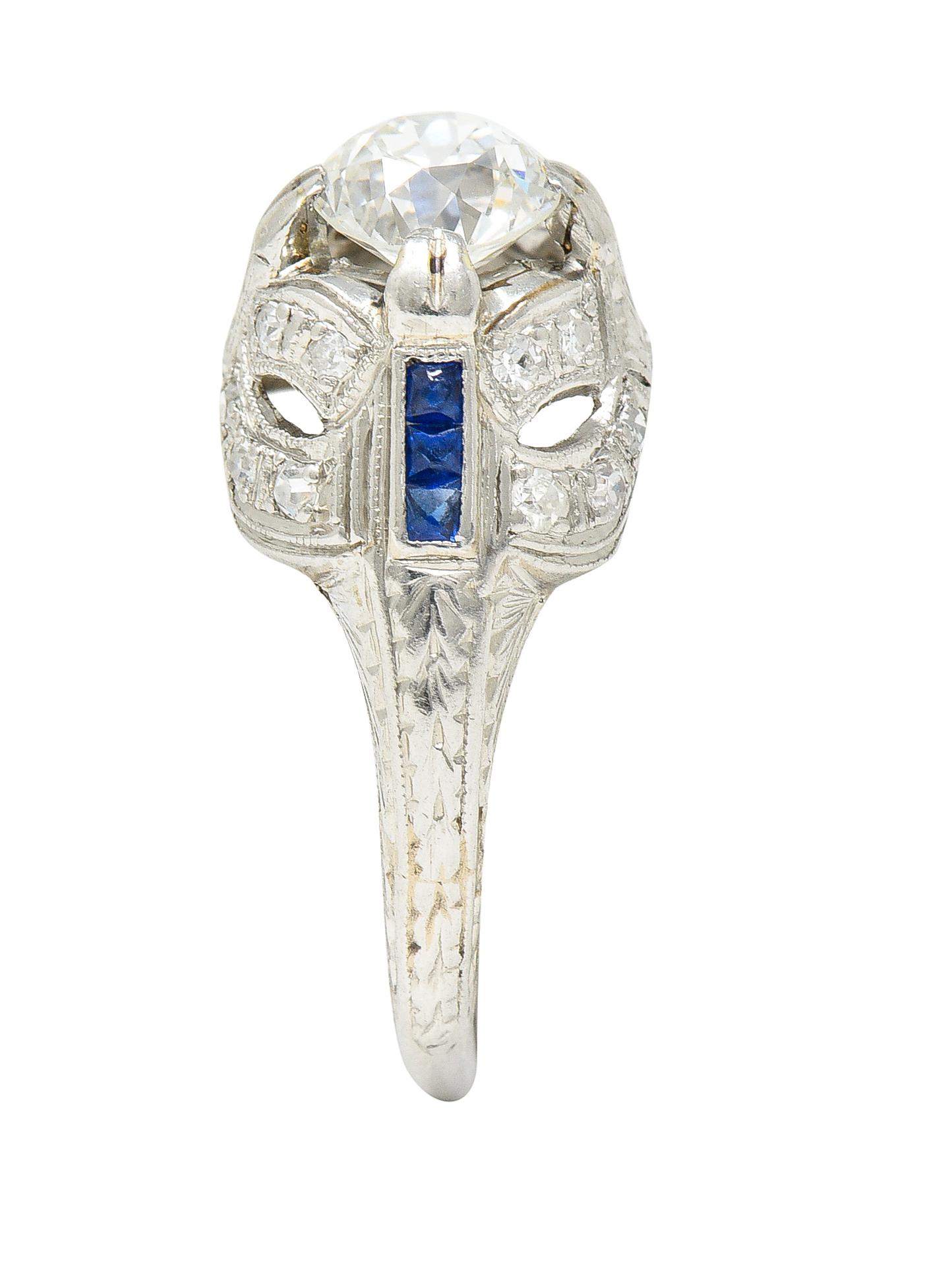 Art Deco 1.19 Carats Old European Diamond Sapphire Platinum Ribbon Antique Ring For Sale 4