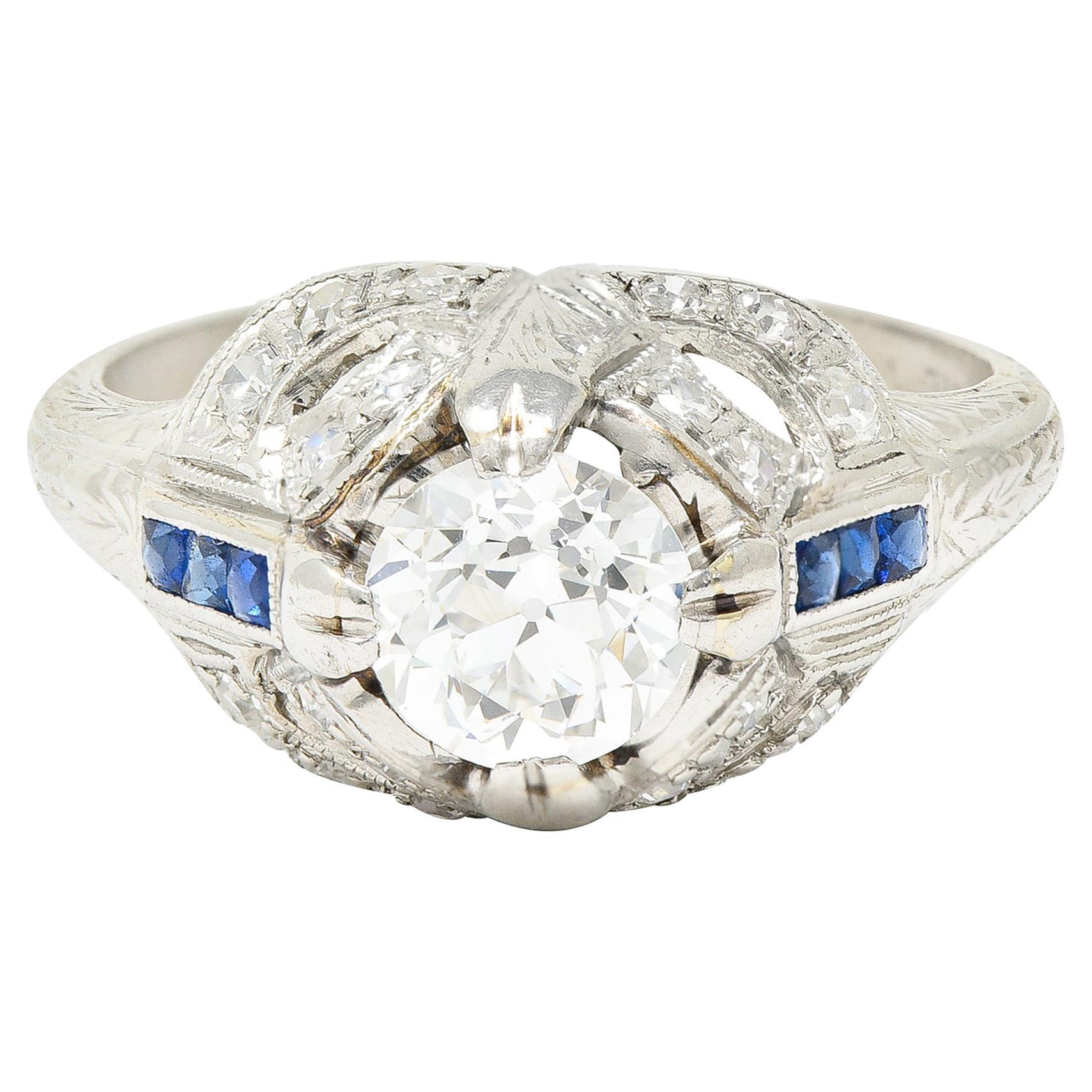 Art Deco 1.19 Carats Old European Diamond Sapphire Platinum Ribbon Antique Ring For Sale