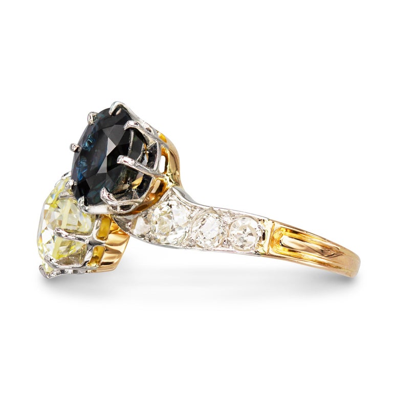 Art Nouveau Art Deco Old European Cut Diamond and Sapphire Toi Et Moi Ring For Sale