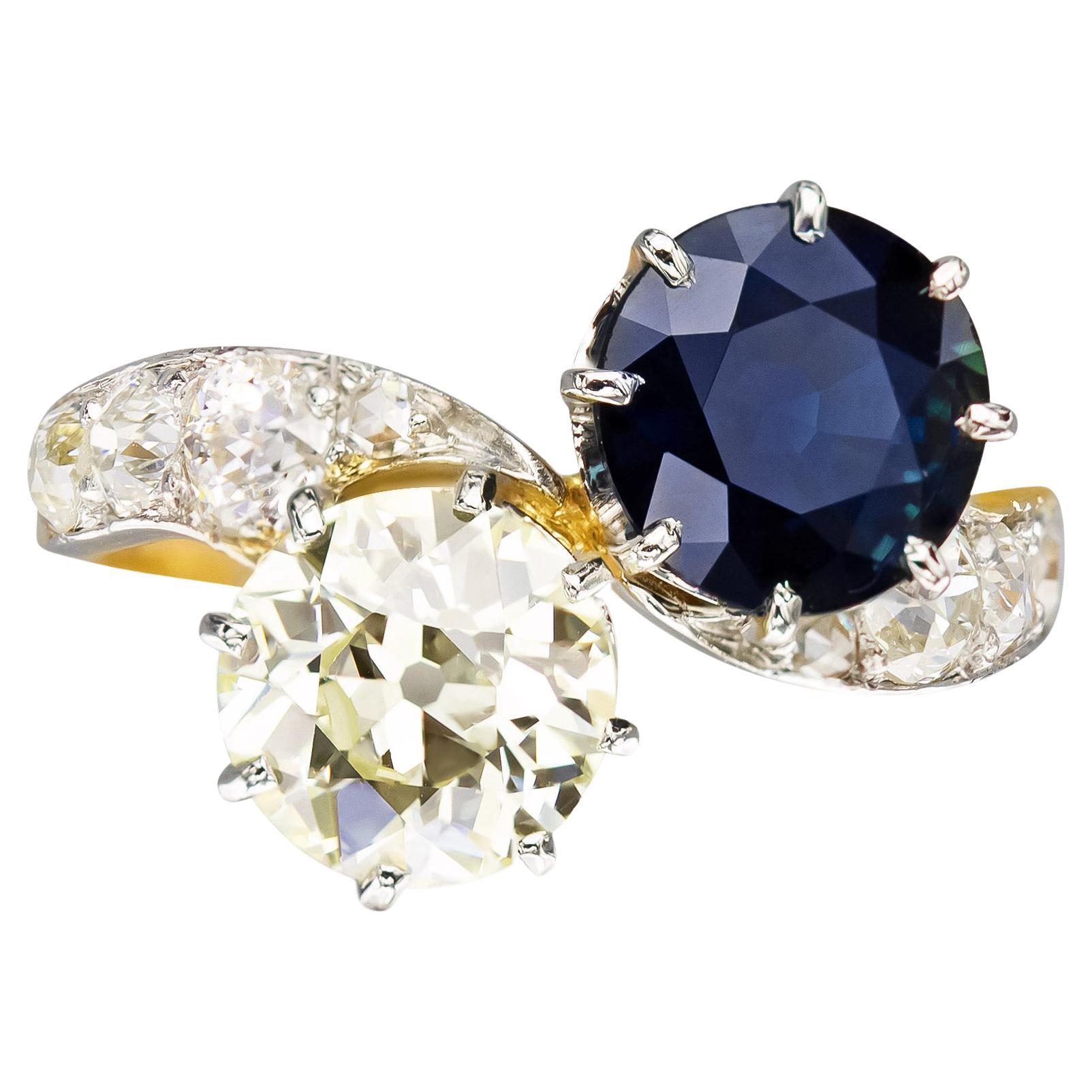 Art Deco Old European Cut Diamond and Sapphire Toi Et Moi Ring