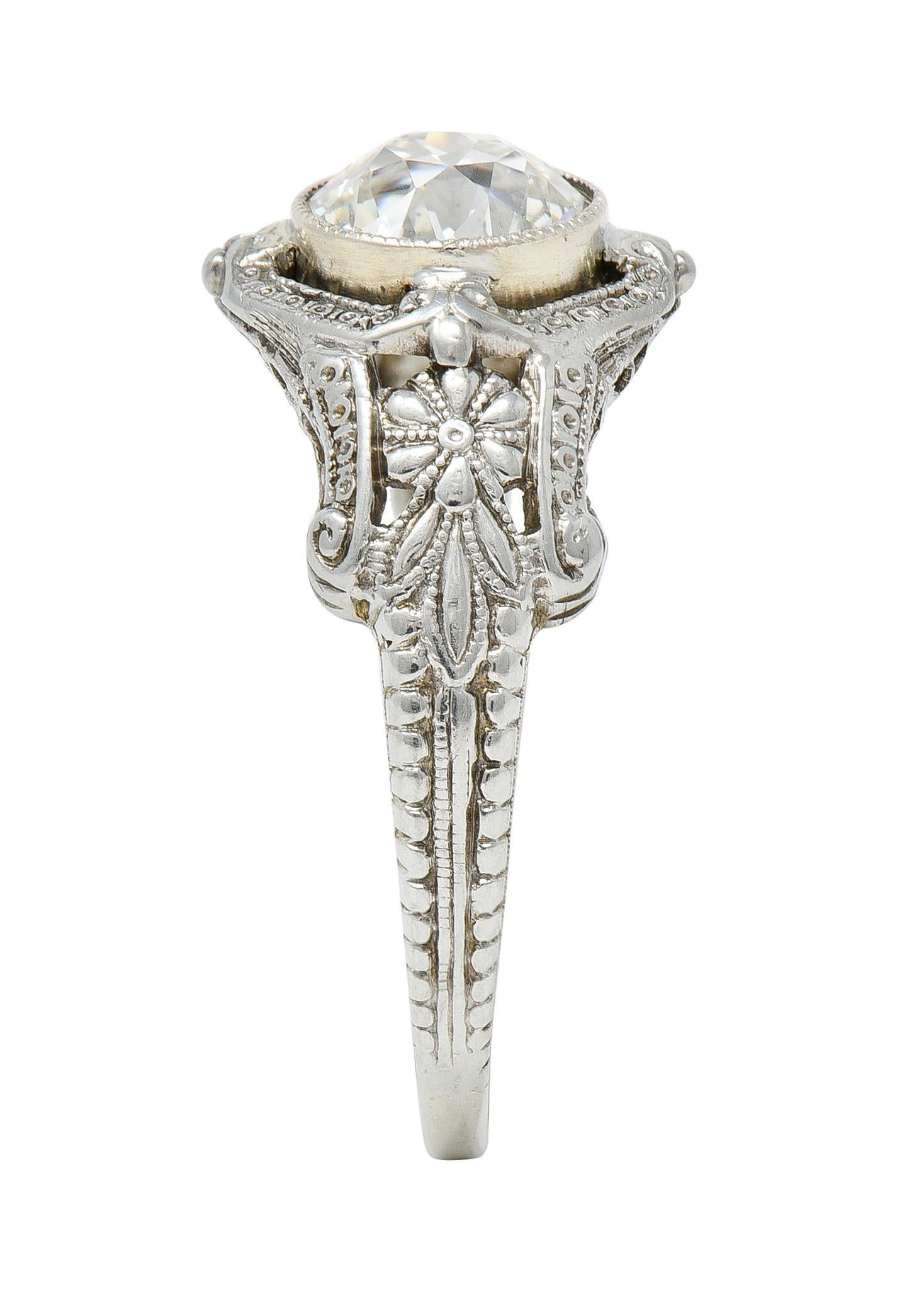 Art Deco 1.19 CTW Diamond 18 Karat White Gold Floral Engagement Ring GIA 5