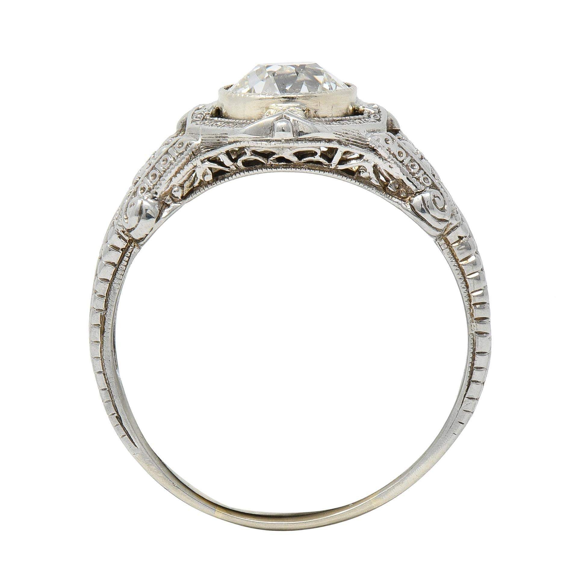 Art Deco 1.19 CTW Diamond 18 Karat White Gold Floral Engagement Ring GIA For Sale 5