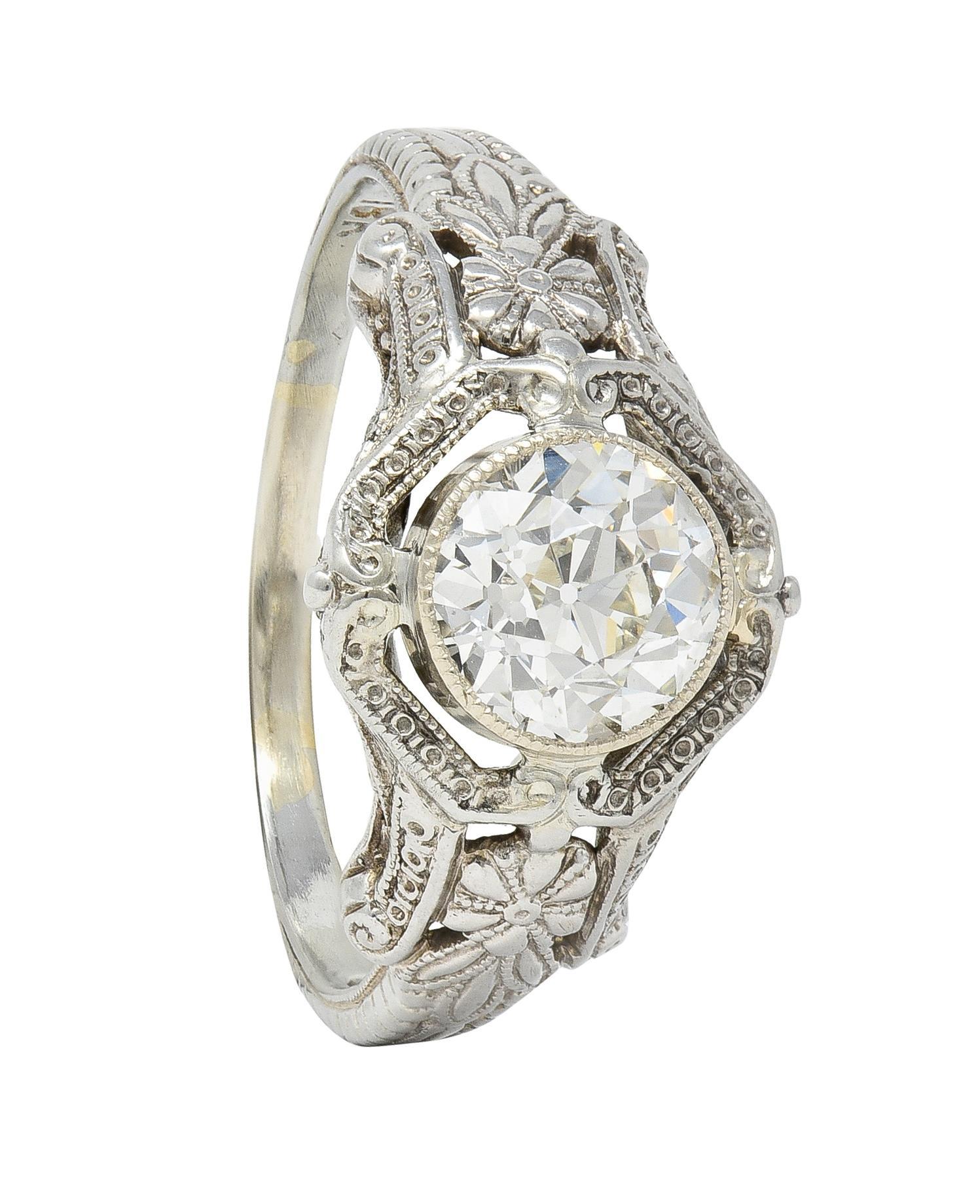 Art Deco 1.19 CTW Diamond 18 Karat White Gold Floral Engagement Ring GIA For Sale 6