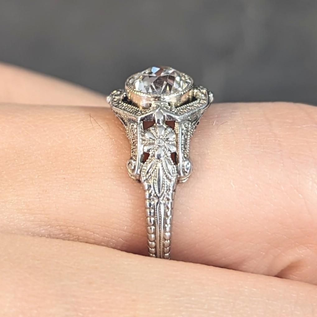Art Deco 1.19 CTW Diamond 18 Karat White Gold Floral Engagement Ring GIA 9