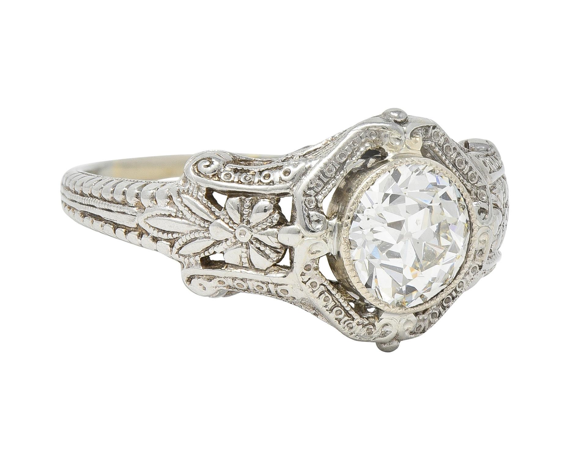 Old European Cut Art Deco 1.19 CTW Diamond 18 Karat White Gold Floral Engagement Ring GIA