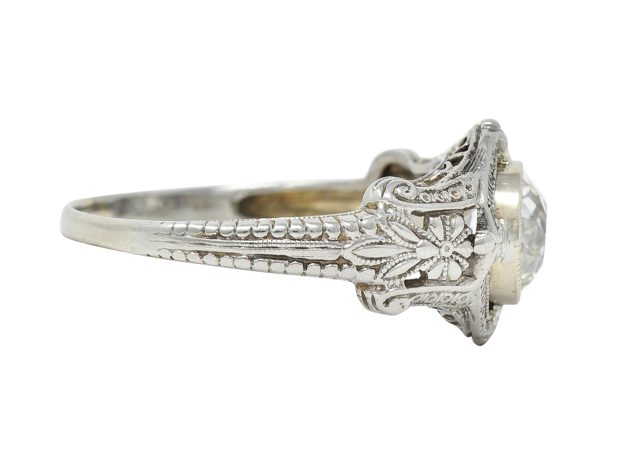 Old European Cut Art Deco 1.19 CTW Diamond 18 Karat White Gold Floral Engagement Ring GIA For Sale