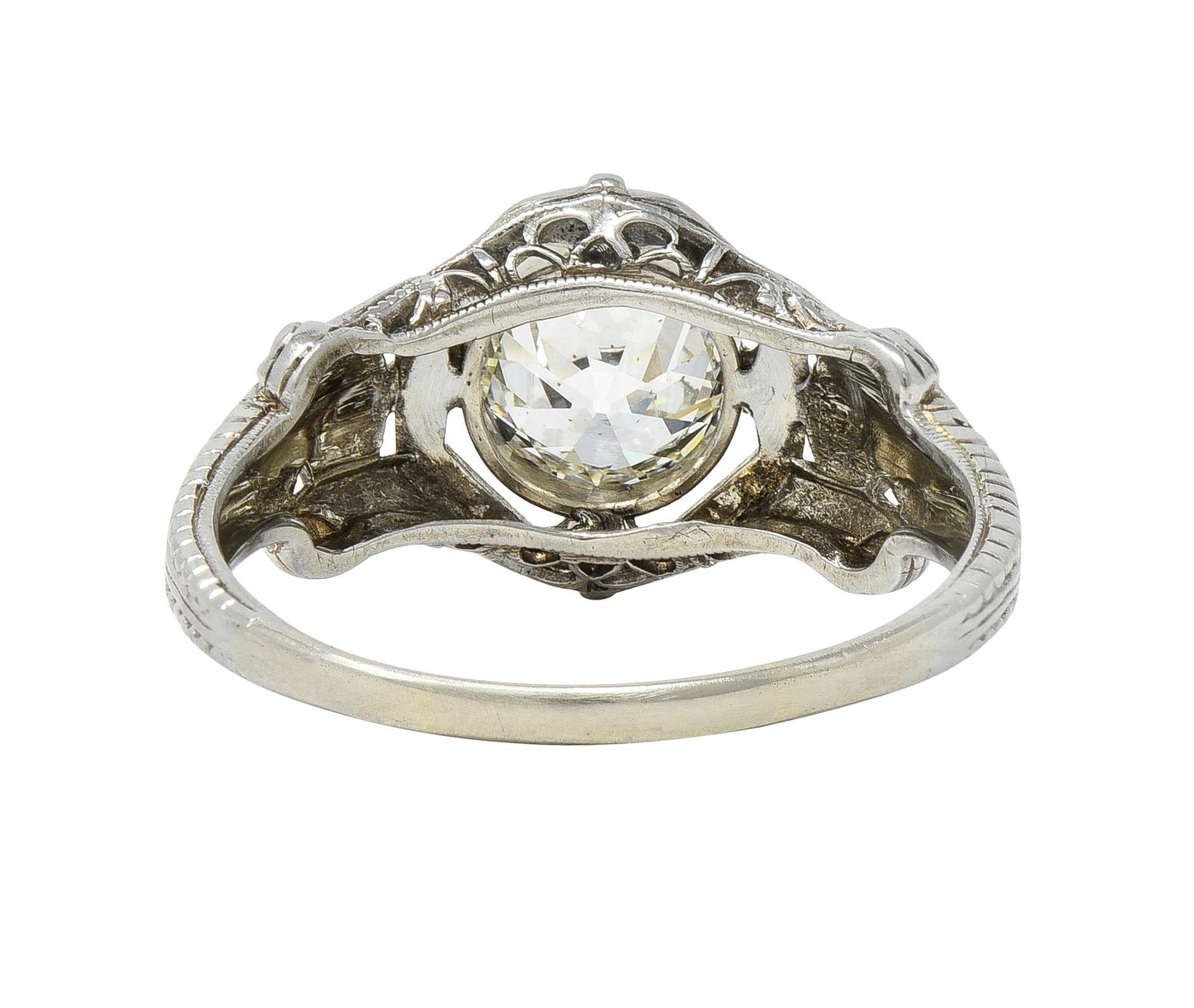 Women's or Men's Art Deco 1.19 CTW Diamond 18 Karat White Gold Floral Engagement Ring GIA
