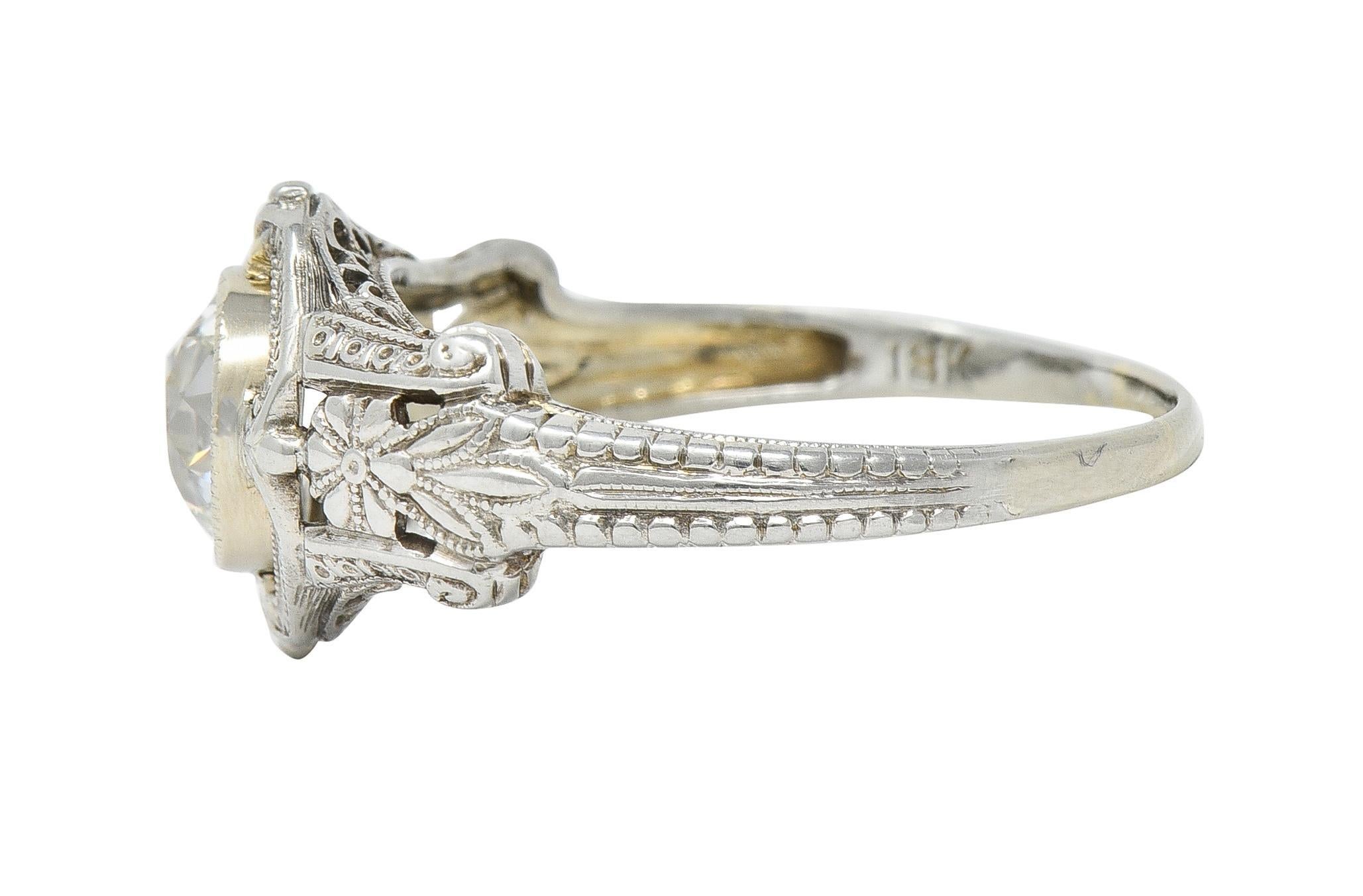Women's or Men's Art Deco 1.19 CTW Diamond 18 Karat White Gold Floral Engagement Ring GIA For Sale