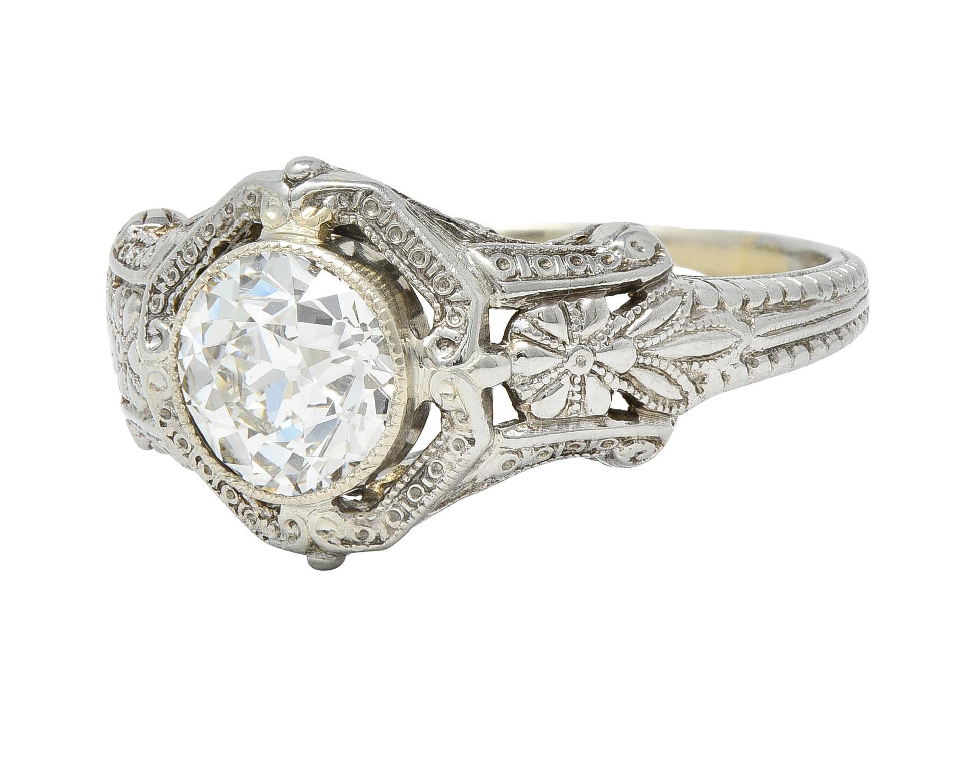 Art Deco 1.19 CTW Diamond 18 Karat White Gold Floral Engagement Ring GIA For Sale 1