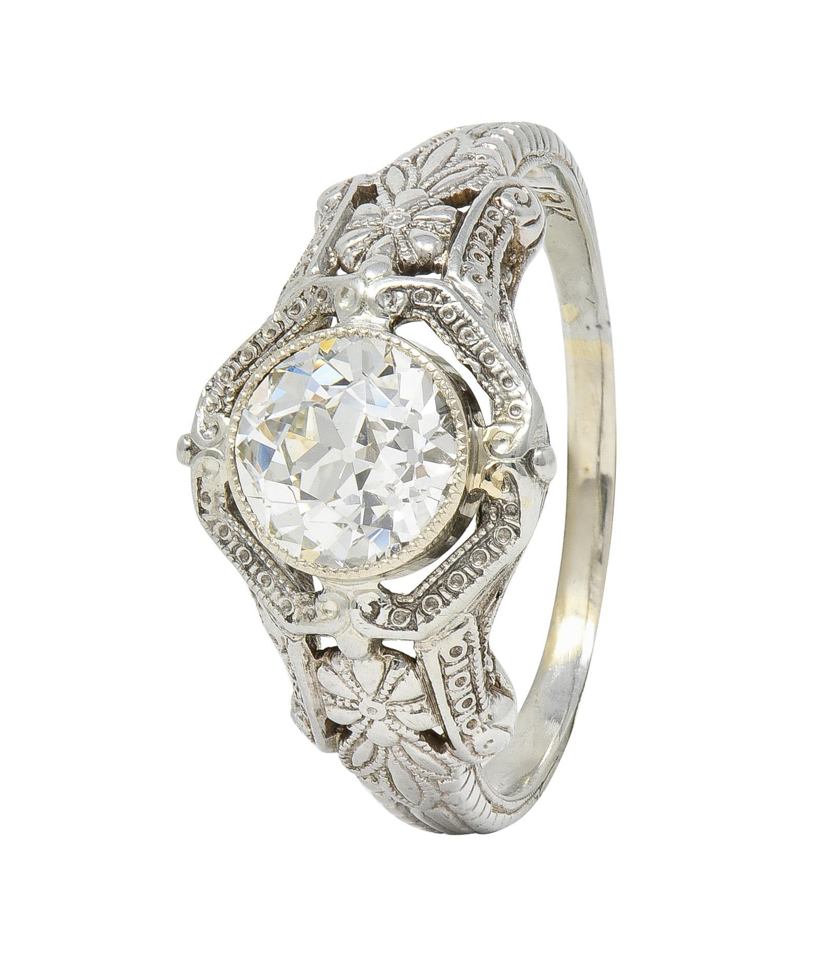 Art Deco 1.19 CTW Diamond 18 Karat White Gold Floral Engagement Ring GIA For Sale 3