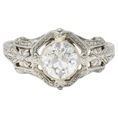 Antique Art Deco 1.19 CTW Diamond 18 Karat White Gold Floral Engagement Ring GIA