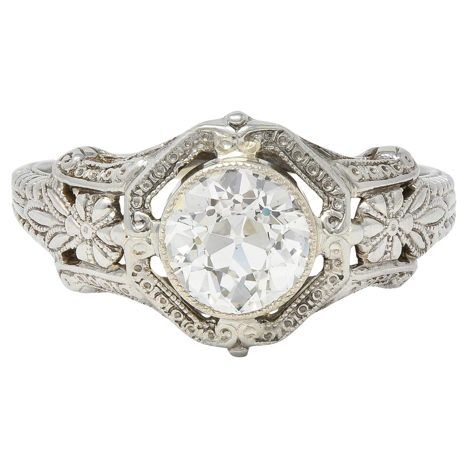 Art Deco 1.19 CTW Diamond 18 Karat White Gold Floral Engagement Ring GIA For Sale