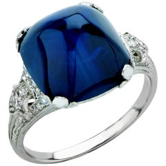 Antique Art Deco 11.92 Carat Sugarloaf Sapphire and Diamond Ring